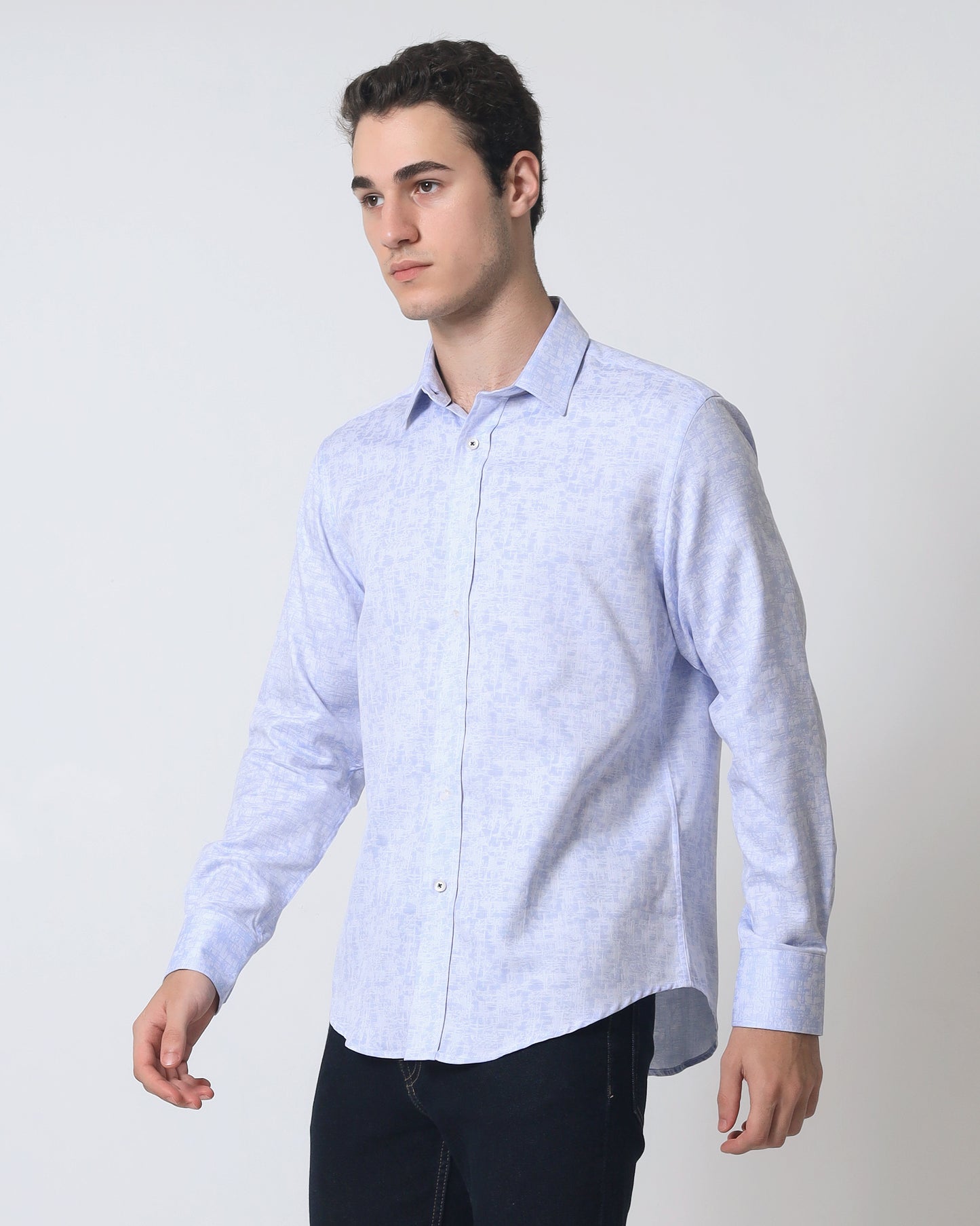Quieti Modern Fit, Blue Geo Jacquard, Long Sleeve Woven Shirt