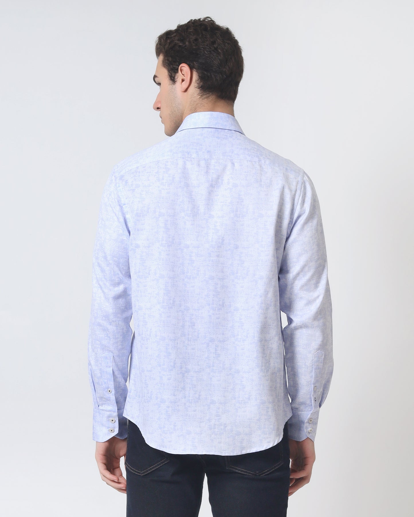 Quieti Modern Fit, Blue Geo Jacquard, Long Sleeve Woven Shirt