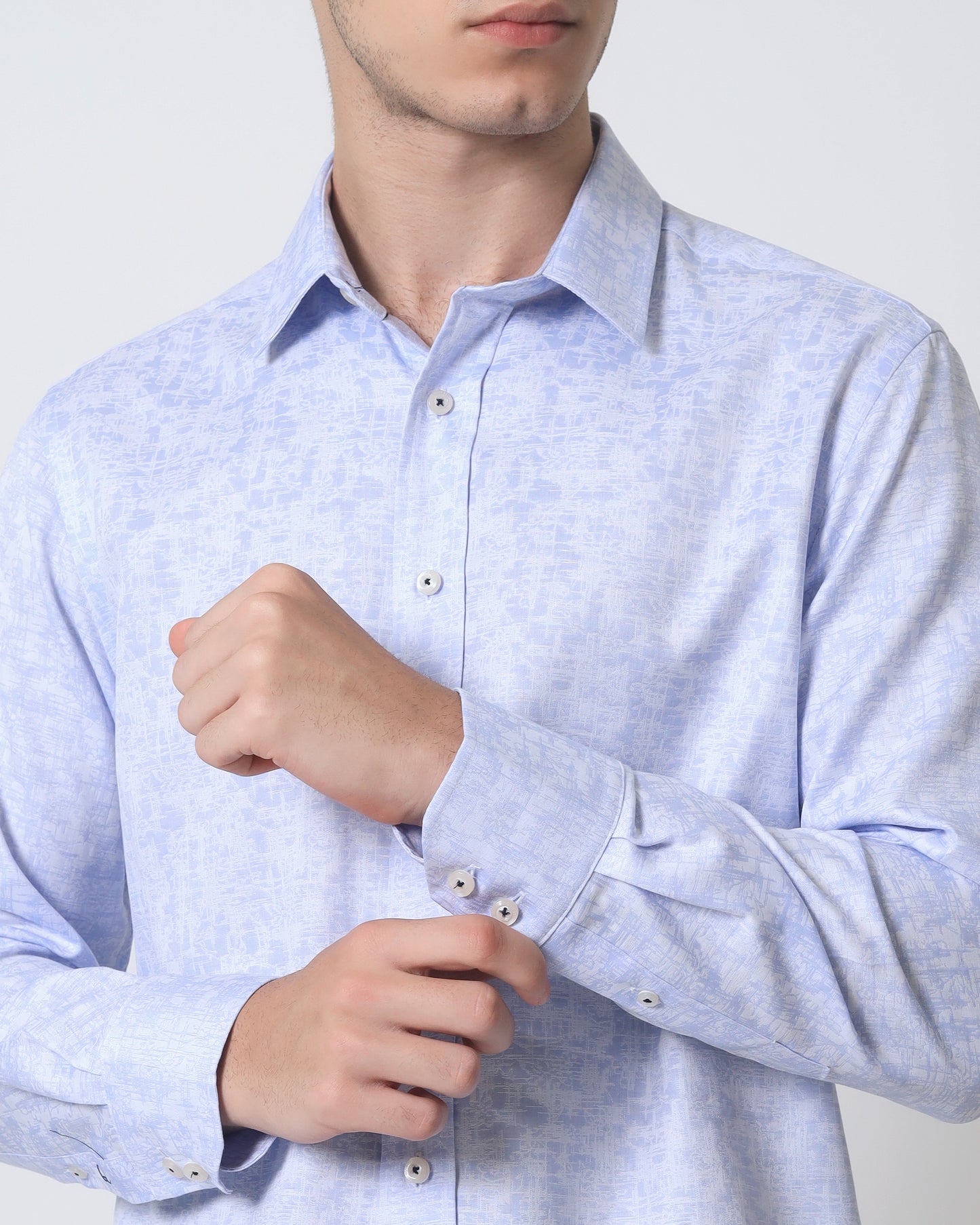 Quieti Modern Fit, Blue Geo Jacquard, Long Sleeve Woven Shirt
