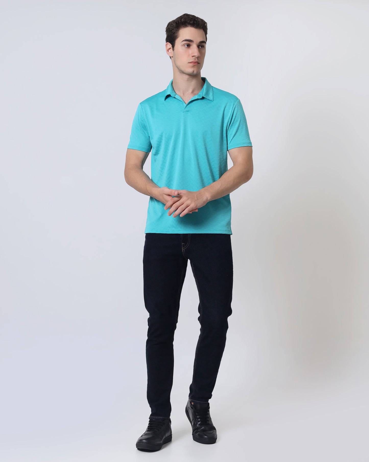 Quieti Performance Regular Fit, Baltic Blue Geo Textured Jacquard Knit, Short Sleeve Open Collar Polo