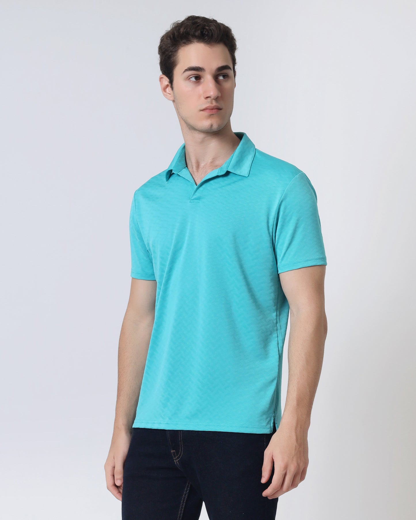 Quieti Performance Regular Fit, Baltic Blue Geo Textured Jacquard Knit, Short Sleeve Open Collar Polo