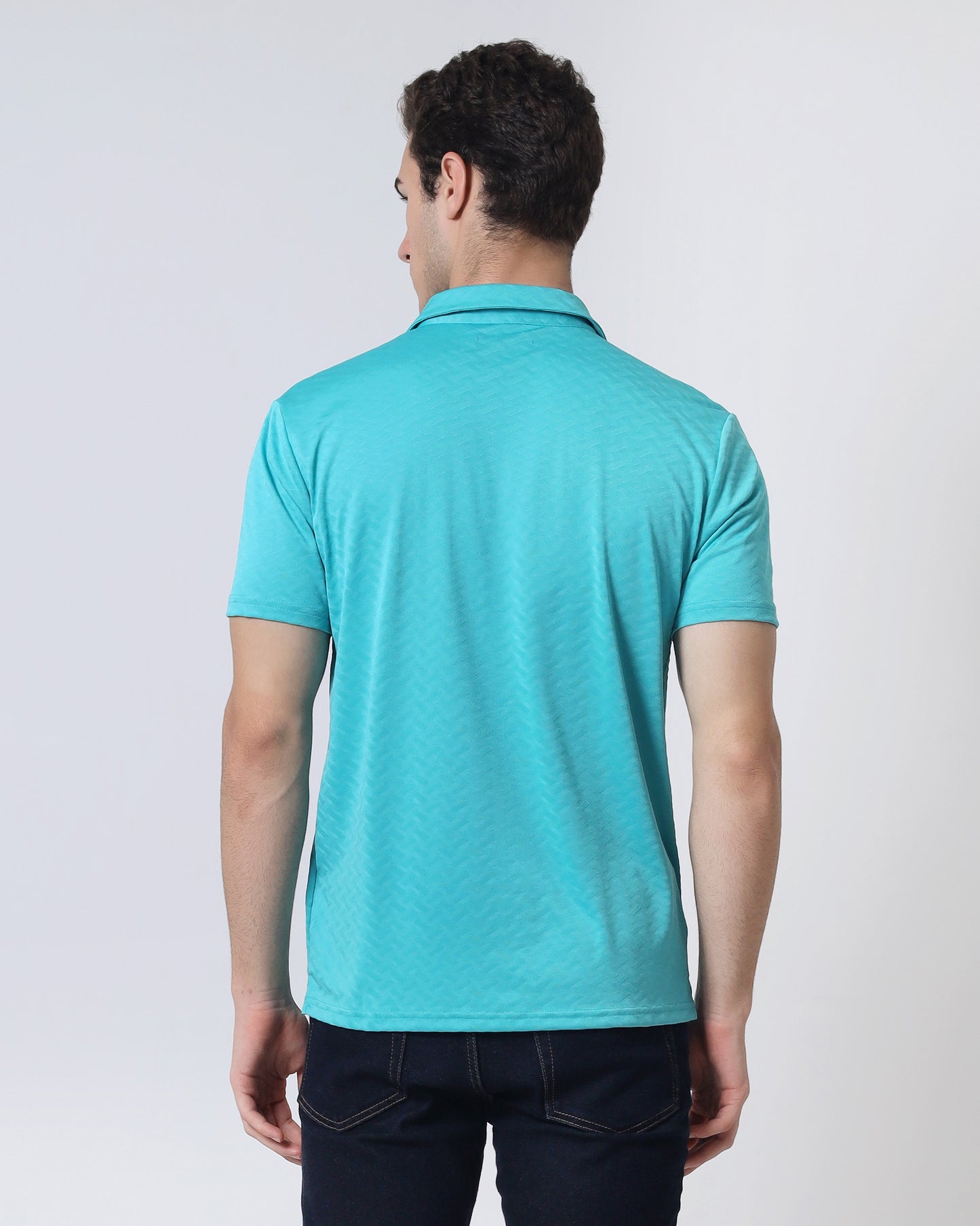 Quieti Performance Regular Fit, Baltic Blue Geo Textured Jacquard Knit, Short Sleeve Open Collar Polo