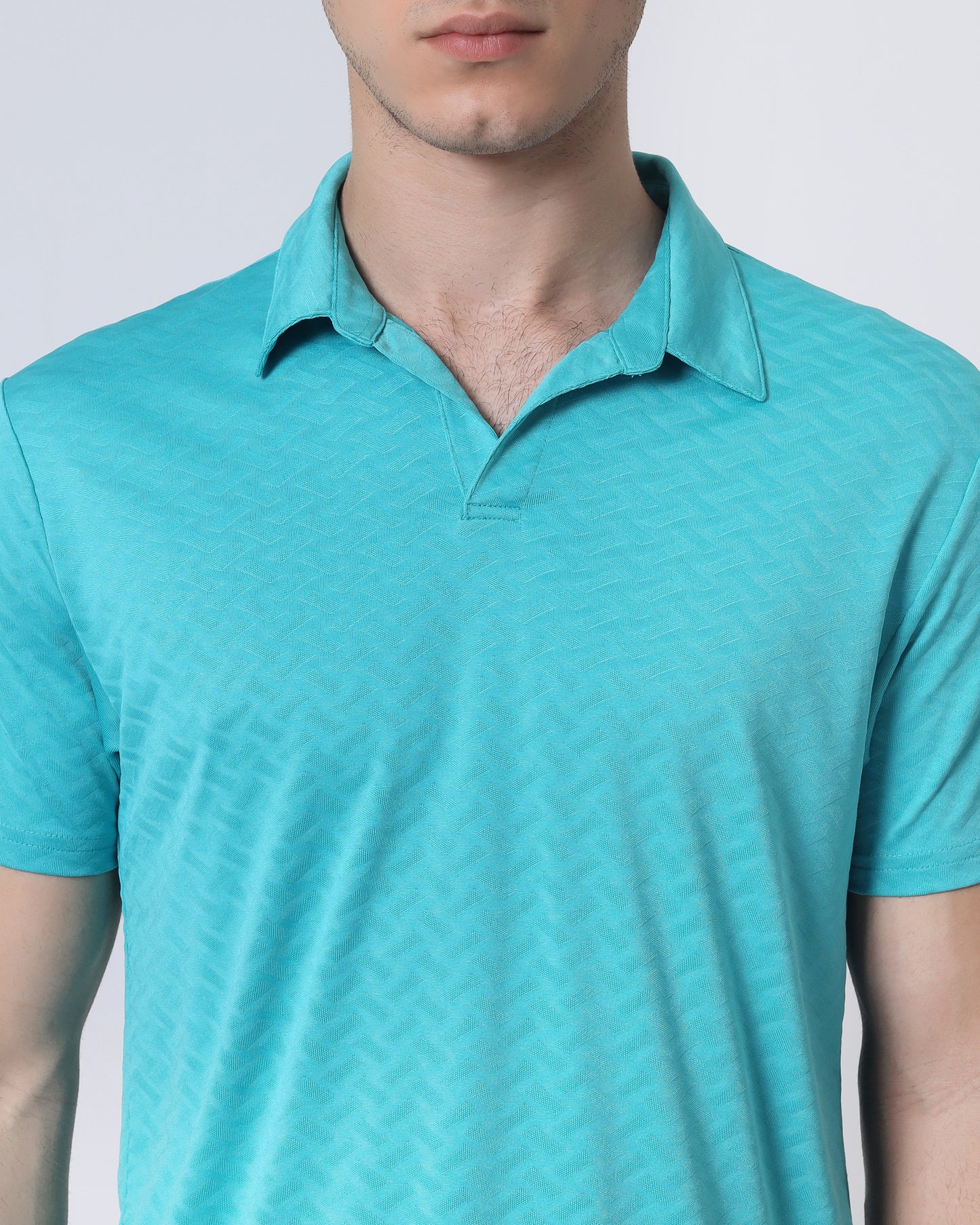 Quieti Performance Regular Fit, Baltic Blue Geo Textured Jacquard Knit, Short Sleeve Open Collar Polo