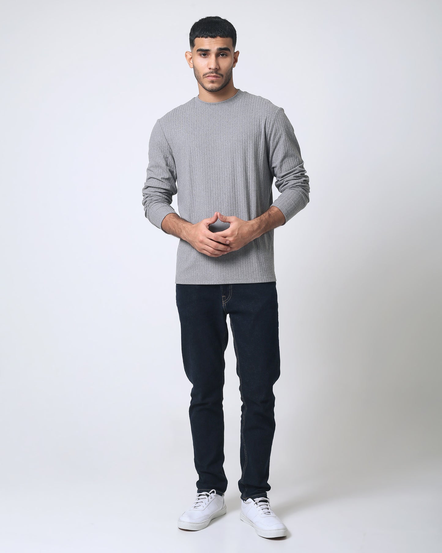 Quieti Regular Fit, Grey Heather Rib Knit, Long Sleeve Crew Neck Tee