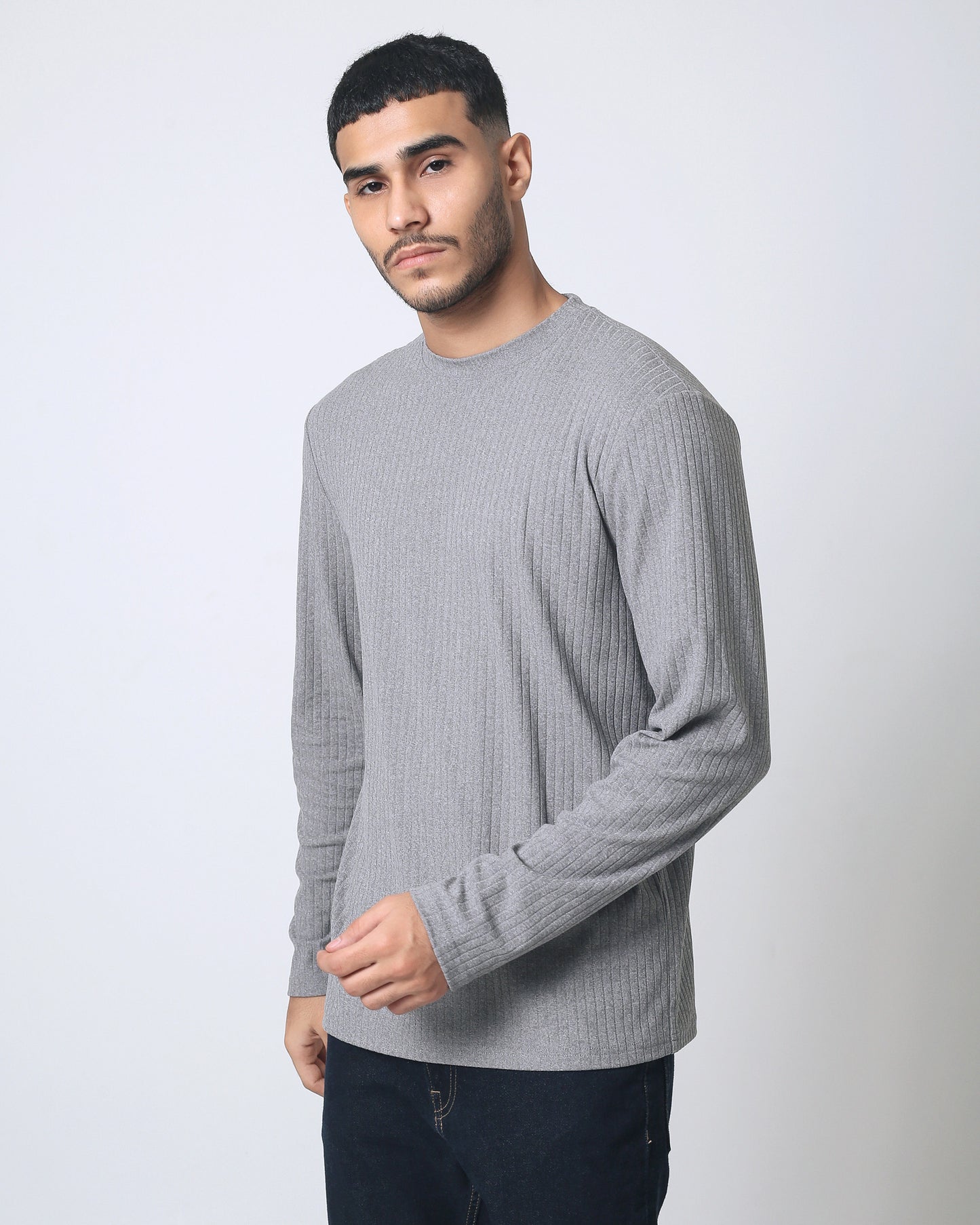 Quieti Regular Fit, Grey Heather Rib Knit, Long Sleeve Crew Neck Tee