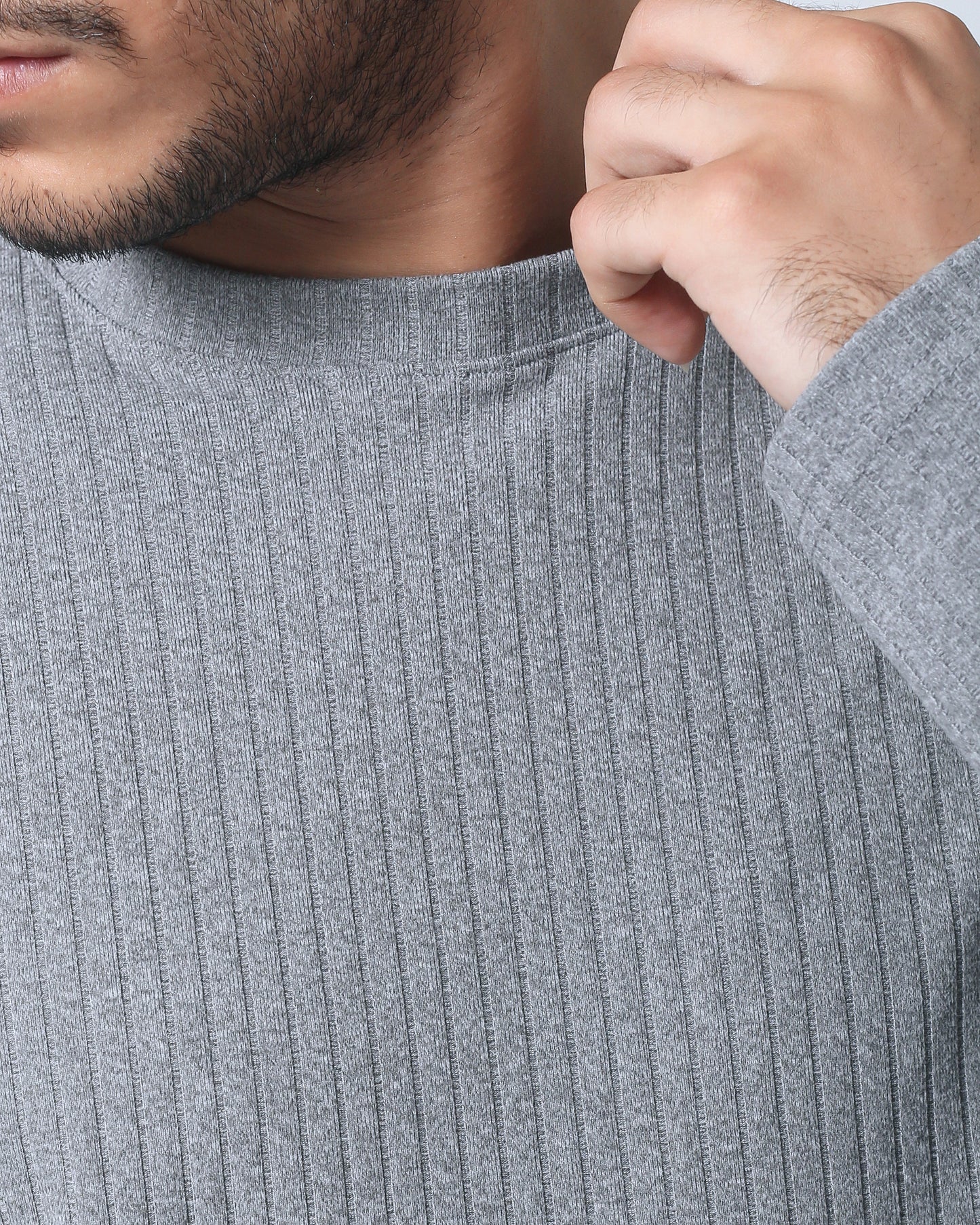 Quieti Regular Fit, Grey Heather Rib Knit, Long Sleeve Crew Neck Tee