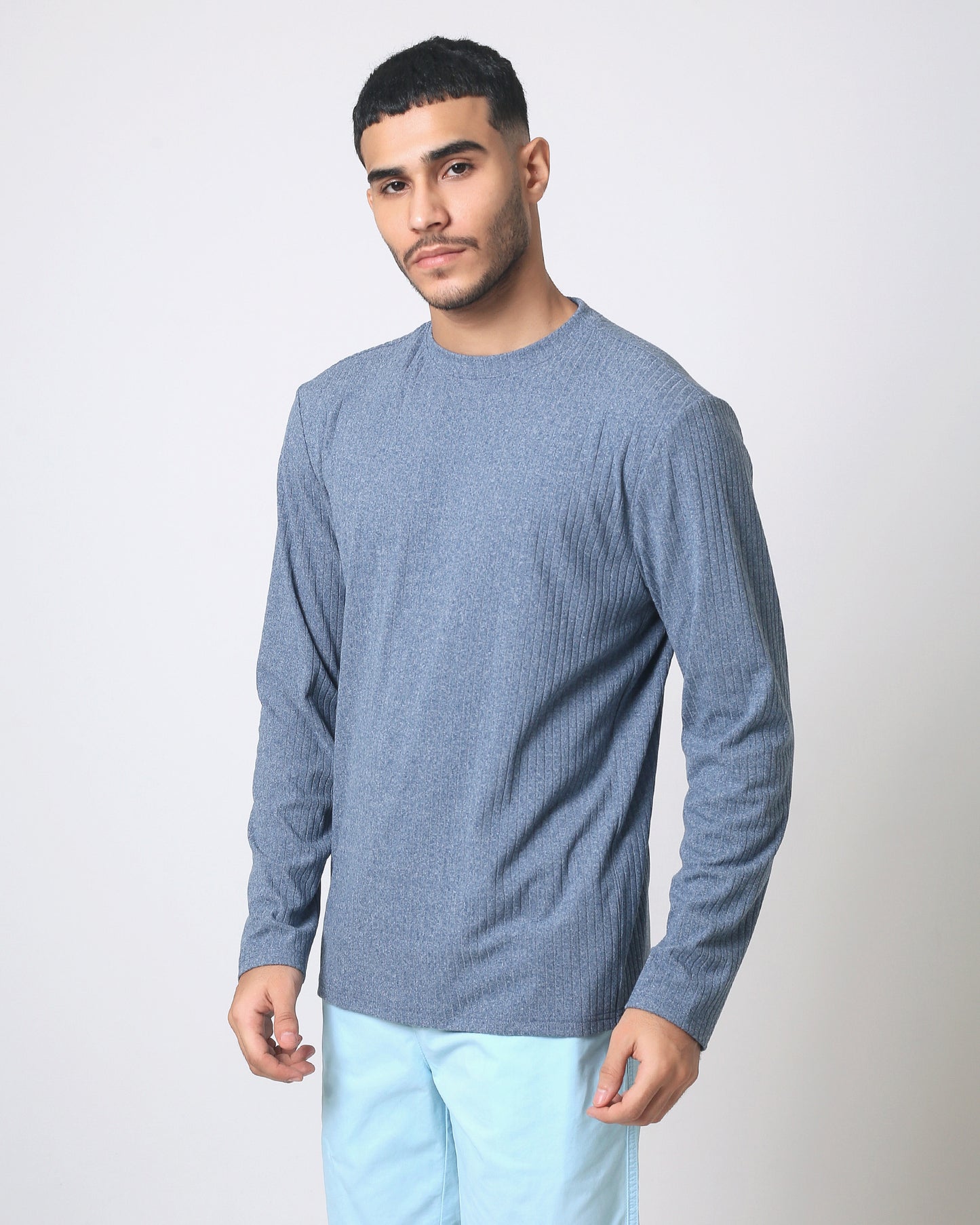 Quieti Performance Regular Fit, Blue Heather Rib Knit, Long Sleeve Crew Neck Tee