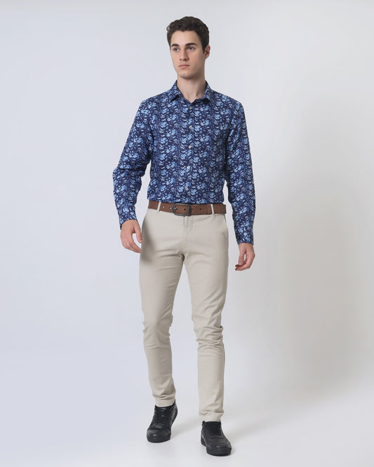 Quieti Modern Fit, Navy Floral Print, Long Sleeve Woven Shirt