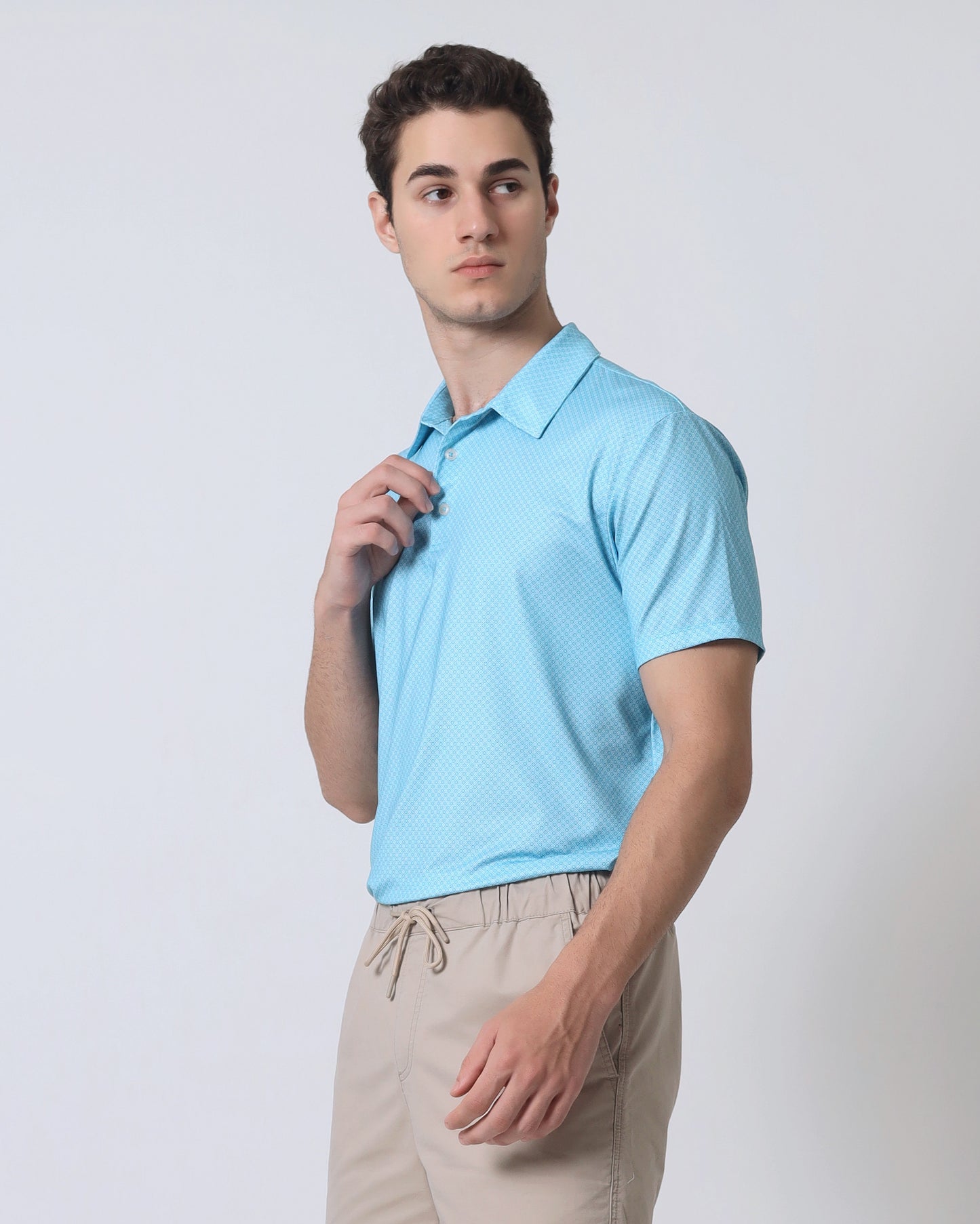 Quieti Performance Regular Fit, small Baltic Geo Printed Knit, 3 button Short Sleeve Polo