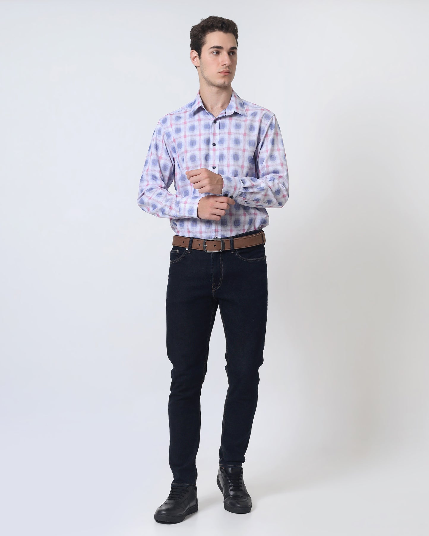 Quieti Modern Fit, Pink YD Jacquard Plaid, Long Sleeve Woven Shirt