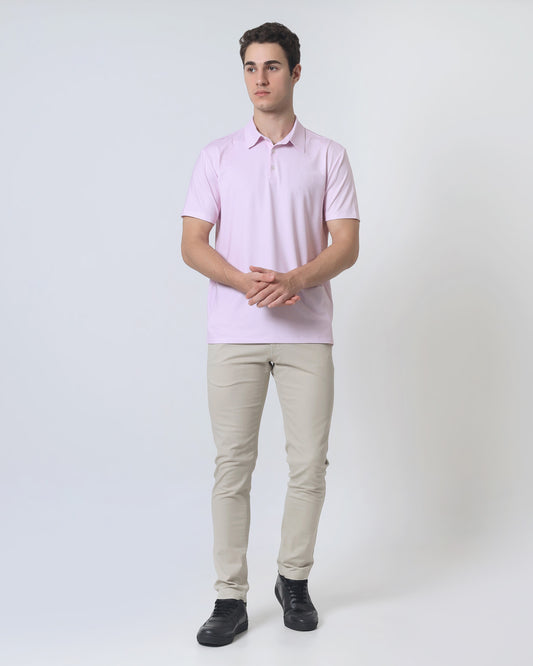 Quieti Performance Regular Fit, small Pink floral Printed Knit, 3 button Short Sleeve Polo