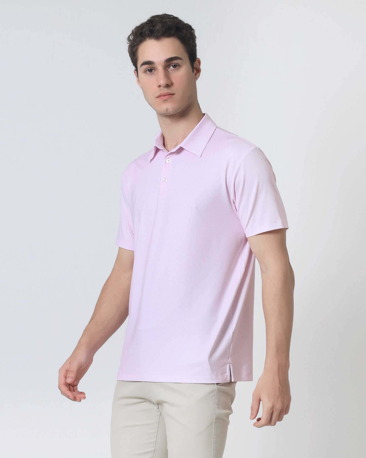 Quieti Performance Regular Fit, small Pink floral Printed Knit, 3 button Short Sleeve Polo