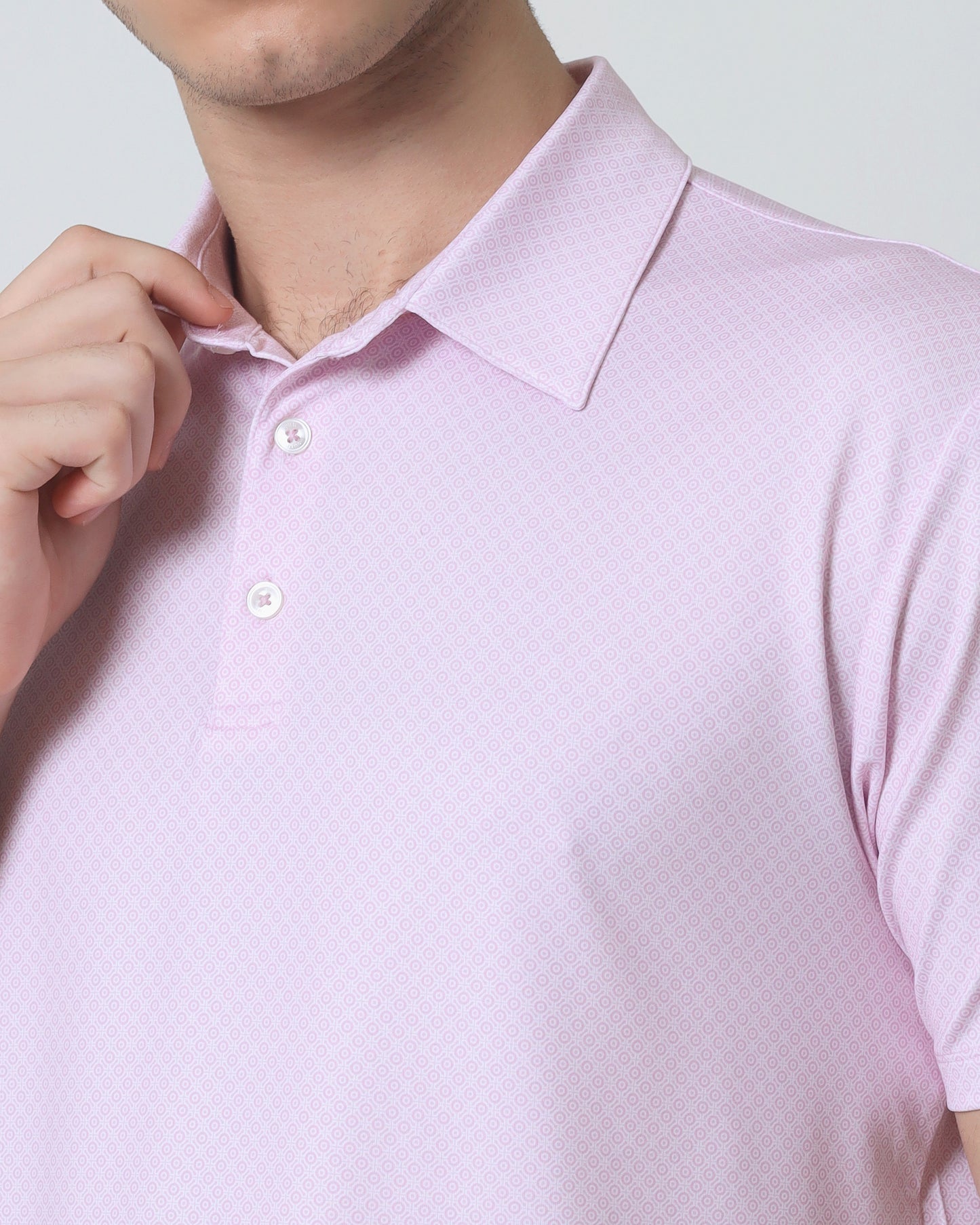 Quieti Performance Regular Fit, small Pink floral Printed Knit, 3 button Short Sleeve Polo