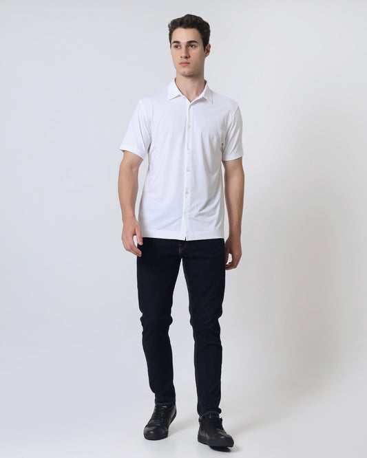 Quieti Performance Regular Fit, White Stripe Textured Jacquard Knit, Short Sleeve Button front Knit in Woven style