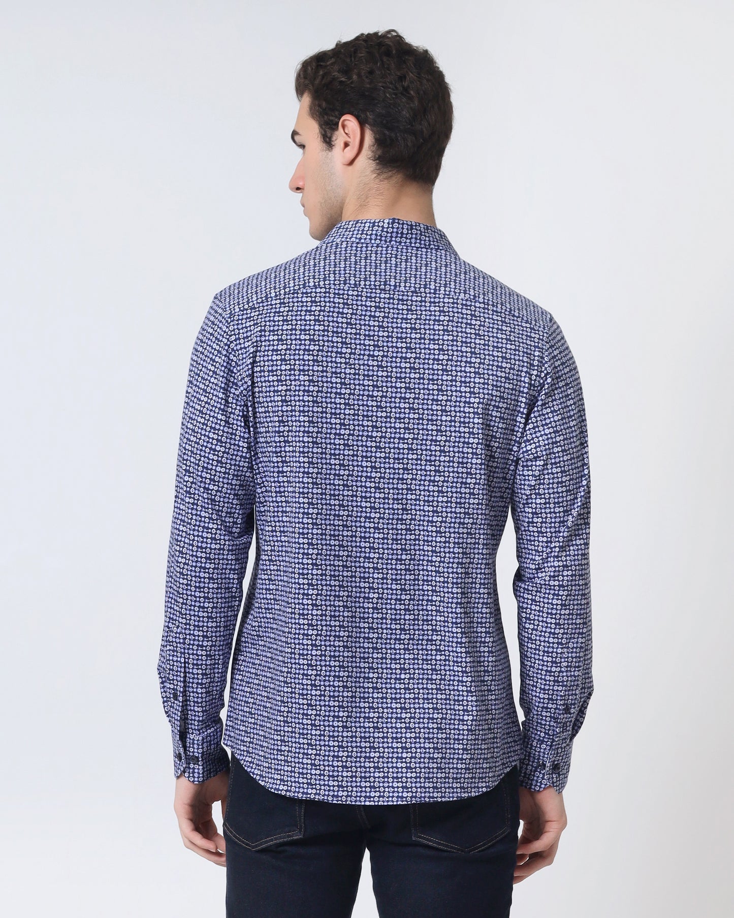 Quieti Modern Fit, Navy Geo Digital Print, Long Sleeve Knit Shirt in Woven style
