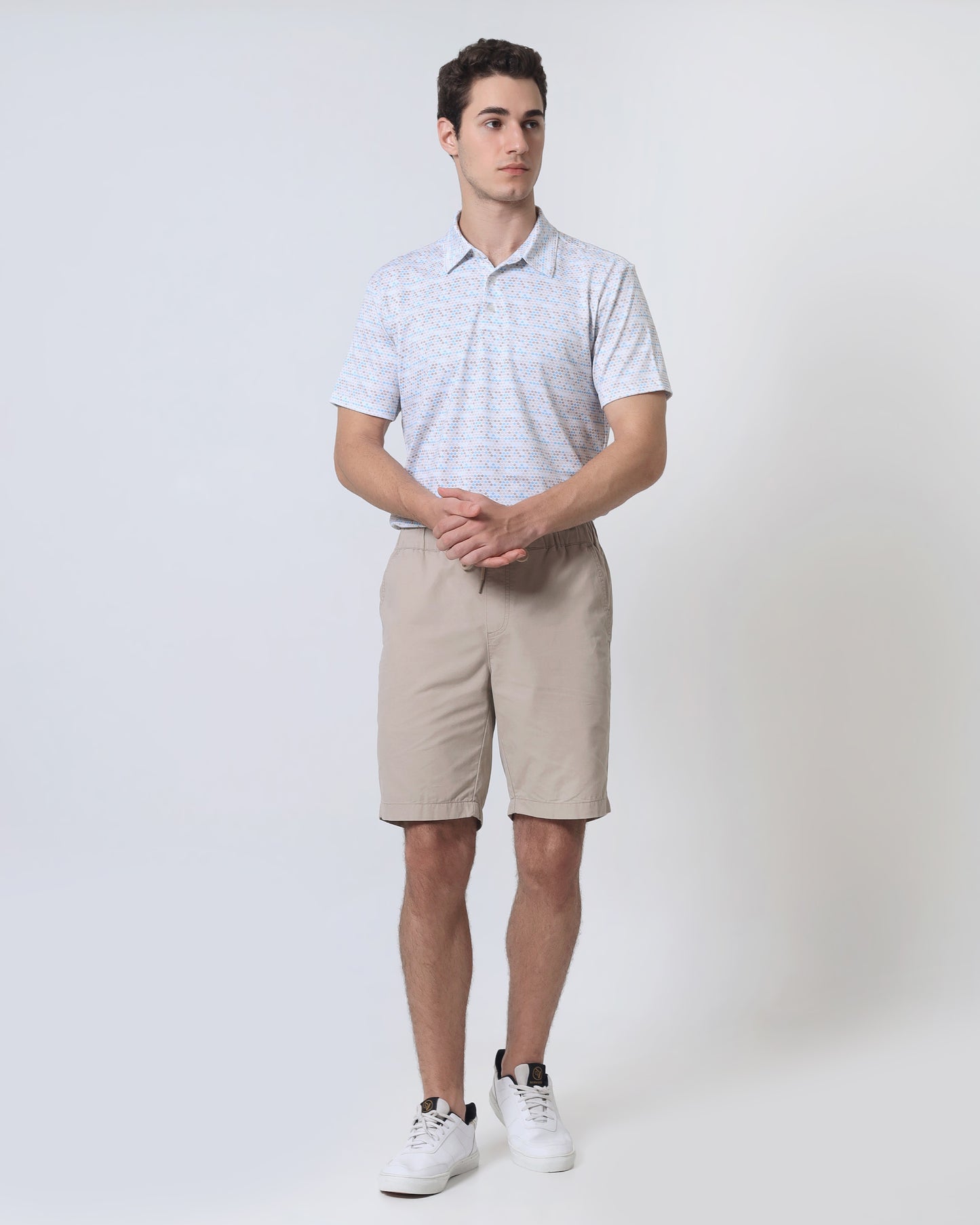 Quieti Performance Regular Fit, Rye Geo Printed Knit, 3 button Short Sleeve Pique Polo