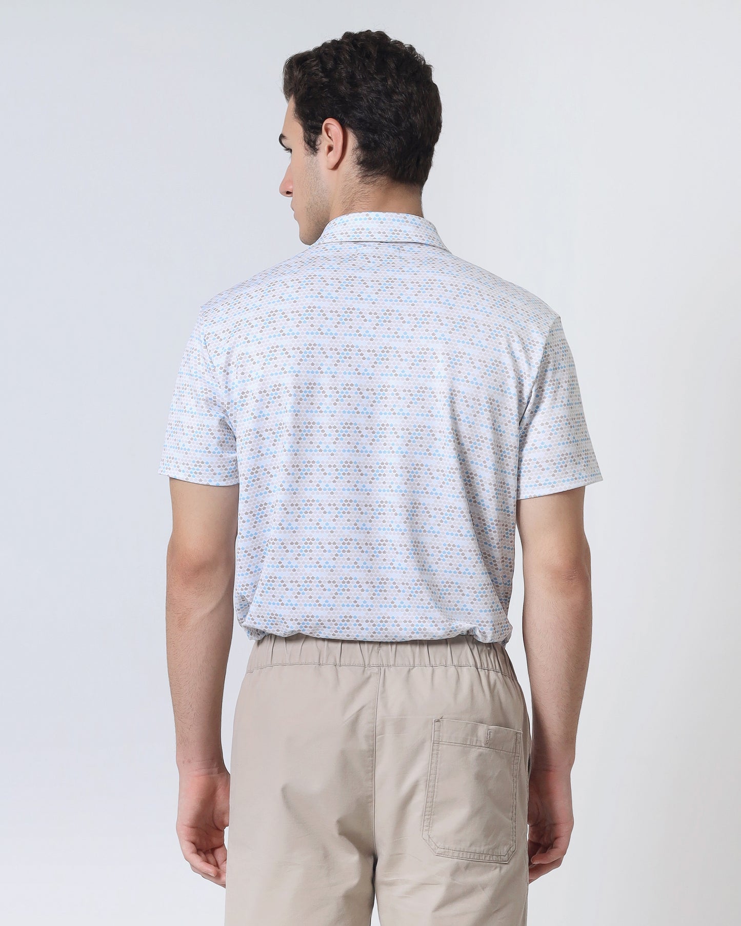 Quieti Performance Regular Fit, Rye Geo Printed Knit, 3 button Short Sleeve Pique Polo