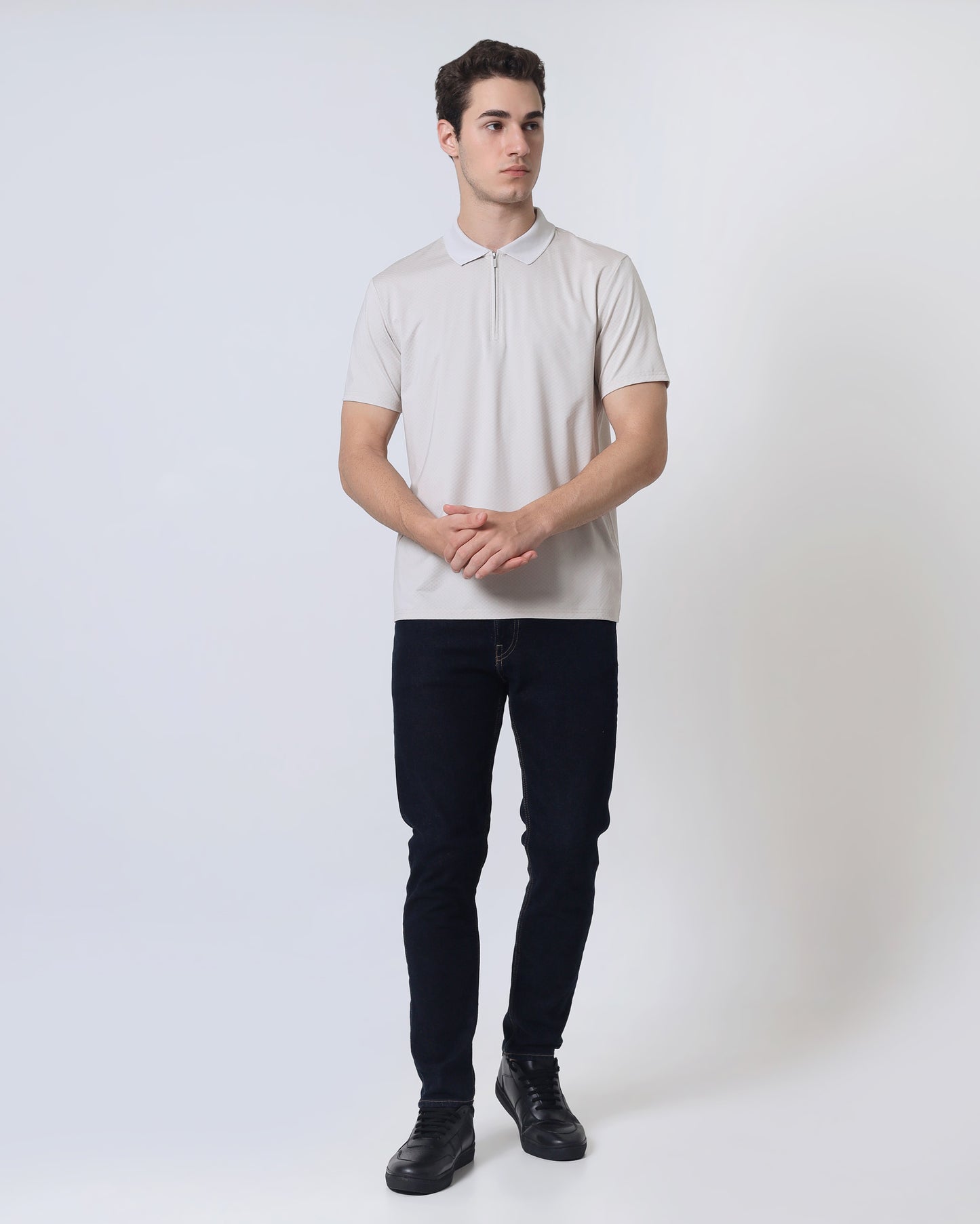 Quieti Performance Regular Fit, Rye Check Textured Jacquard Knit, Short Sleeve Zip Polo