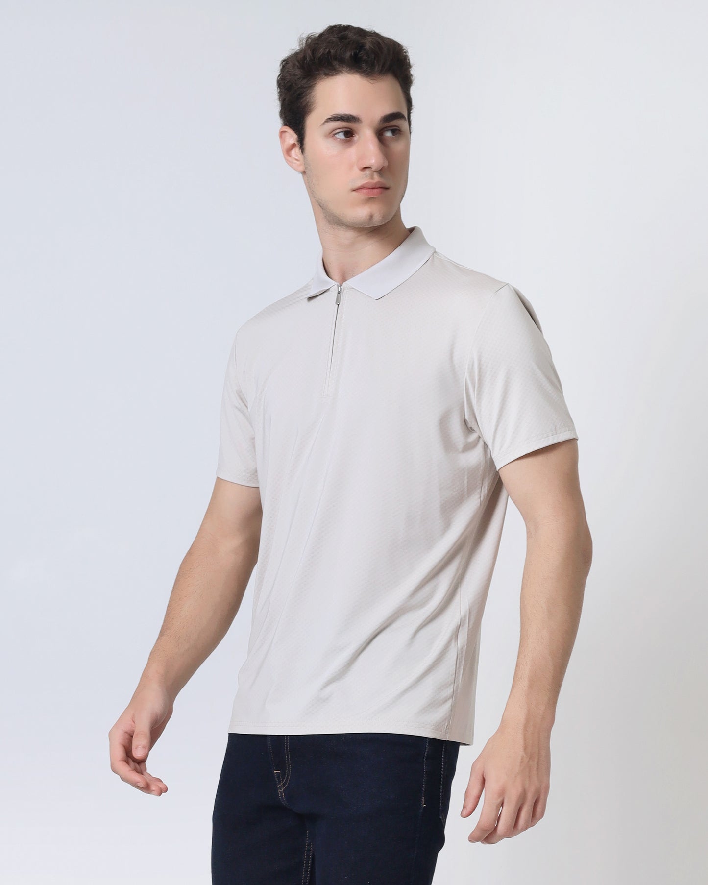 Quieti Performance Regular Fit, Rye Check Textured Jacquard Knit, Short Sleeve Zip Polo