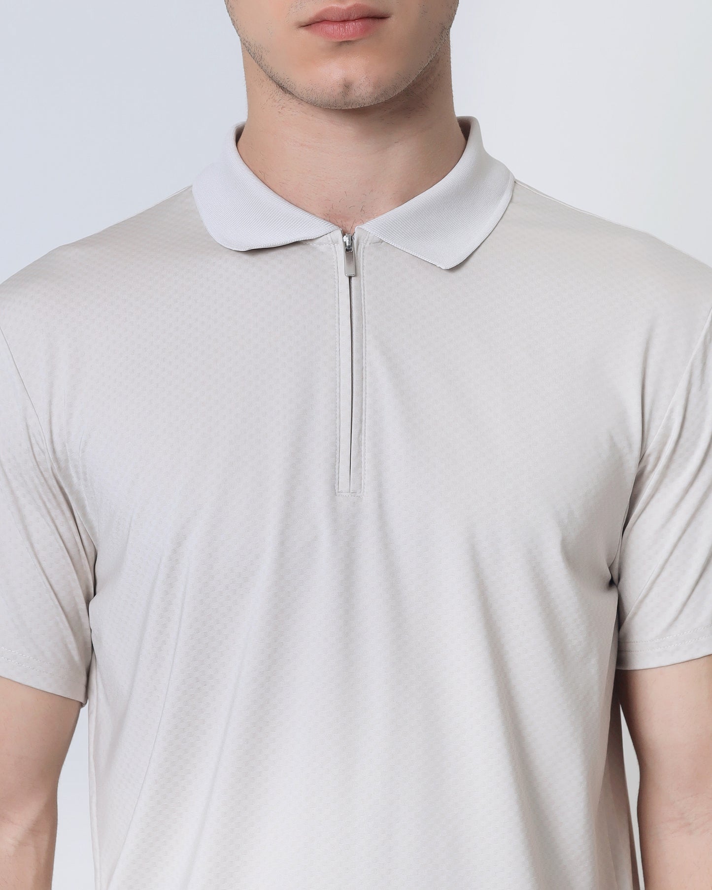 Quieti Performance Regular Fit, Rye Check Textured Jacquard Knit, Short Sleeve Zip Polo