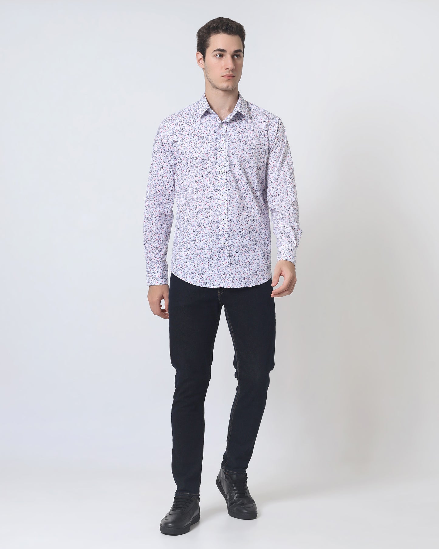 Quieti Modern Fit, Pink Floral Print, Long Sleeve Woven Shirt