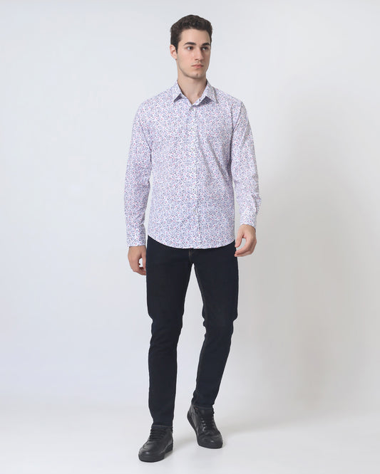 Quieti Modern Fit, Pink Floral Print, Long Sleeve Woven Shirt