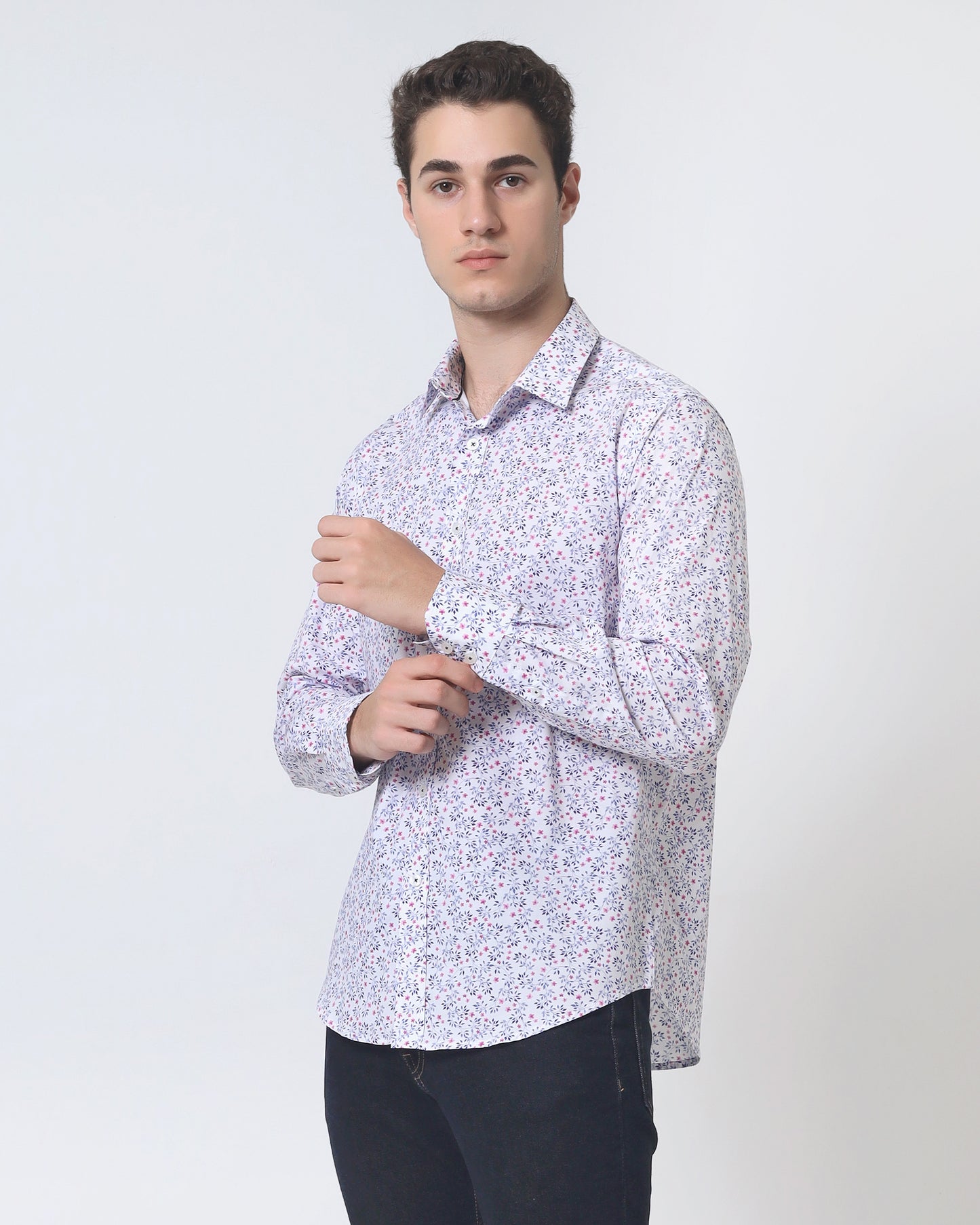 Quieti Modern Fit, Pink Floral Print, Long Sleeve Woven Shirt