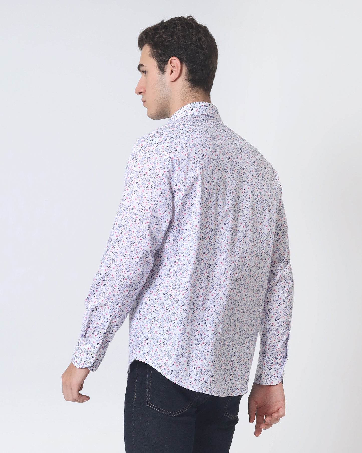 Quieti Modern Fit, Pink Floral Print, Long Sleeve Woven Shirt
