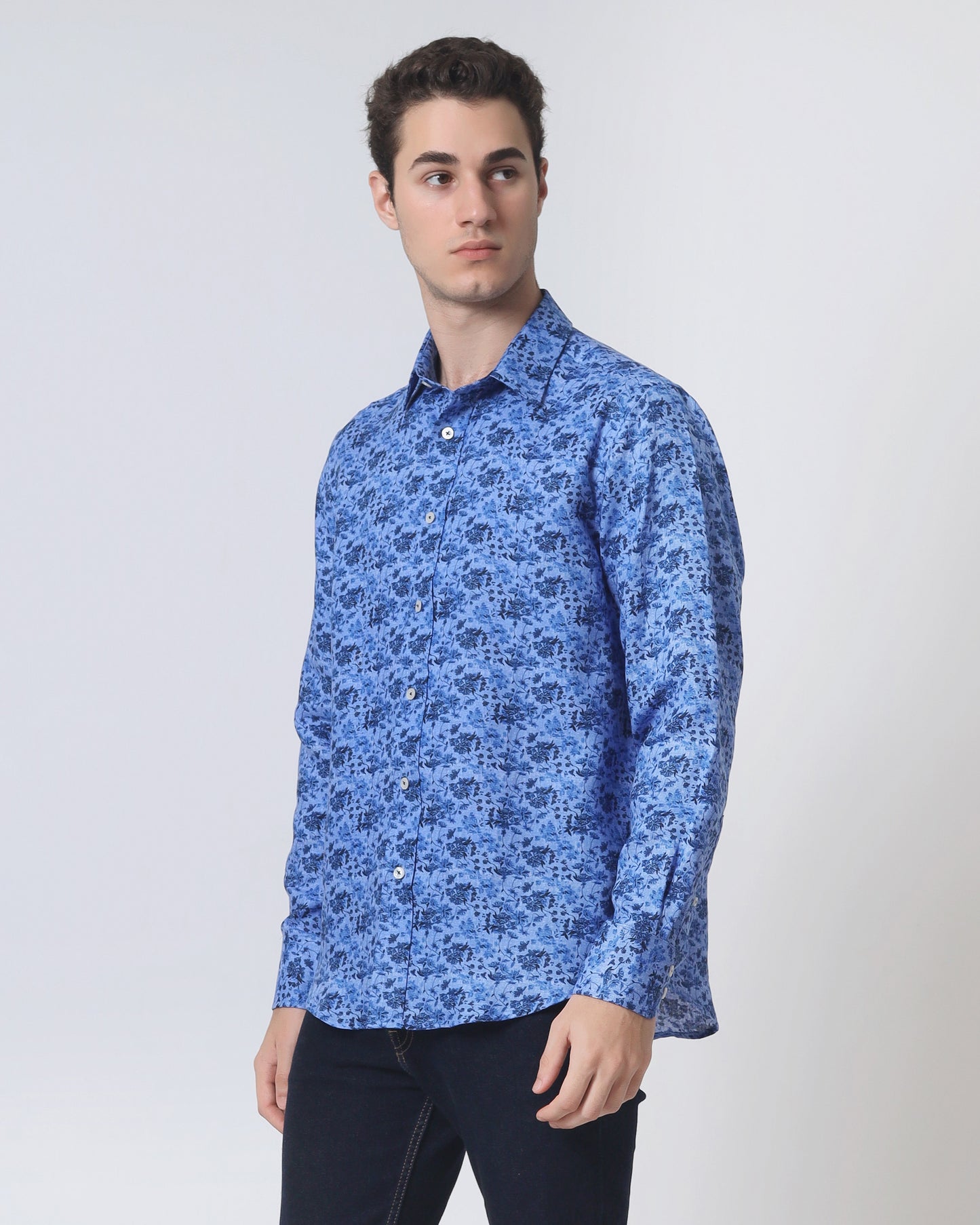 Quieti Modern Fit, Blue Floral Print, Long Sleeve Woven Shirt