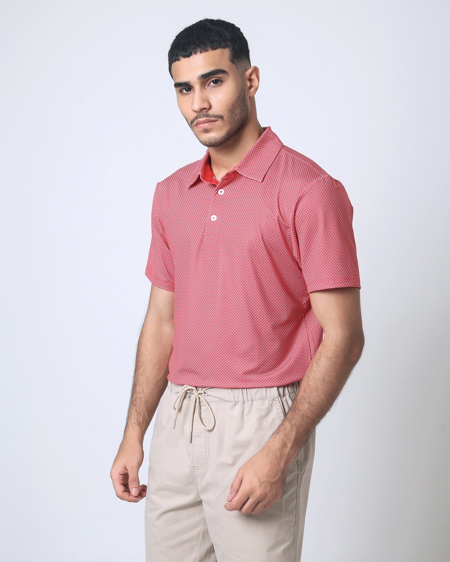 Quieti Performance Regular Fit, Red Geo Printed Knit, 3 button Short Sleeve Polo