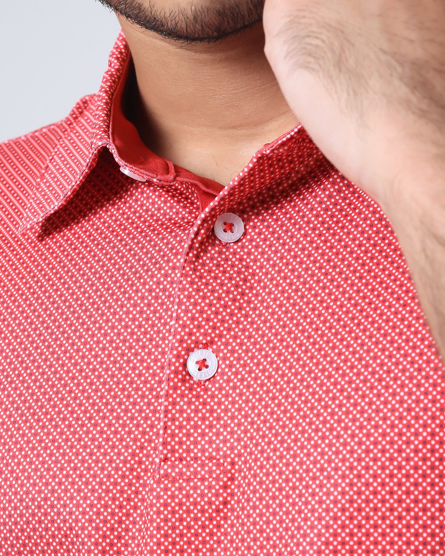 Quieti Performance Regular Fit, Red Geo Printed Knit, 3 button Short Sleeve Polo