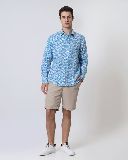 Quieti Modern Fit, Blue Box Print, Long Sleeve Woven Shirt