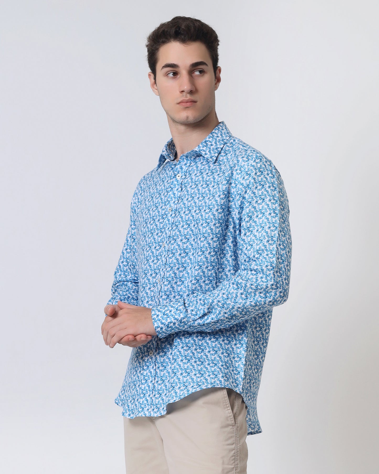 Quieti Modern Fit, Blue Box Print, Long Sleeve Woven Shirt