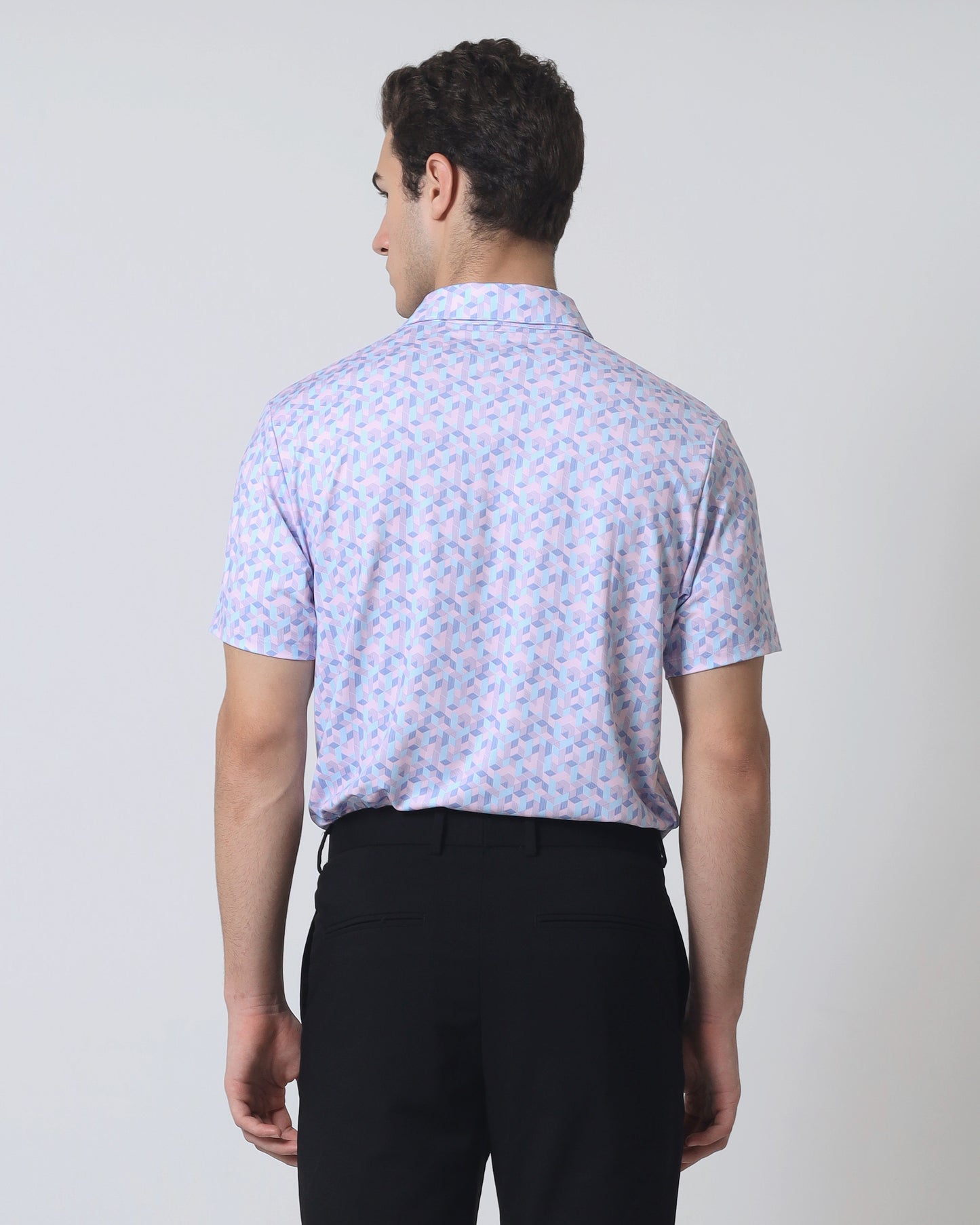 Quieti Performance Regular Fit, Lavender Geo Printed Knit, 3 button Short Sleeve Polo