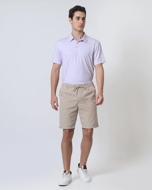 Quieti Performance Regular Fit, Pink Geo Printed Knit, 3 button Short Sleeve Polo