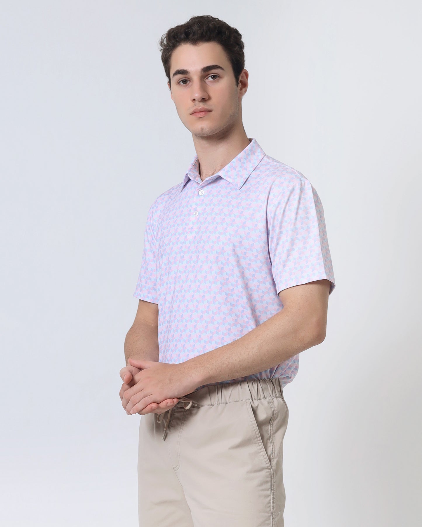 Quieti Performance Regular Fit, Pink Geo Printed Knit, 3 button Short Sleeve Polo