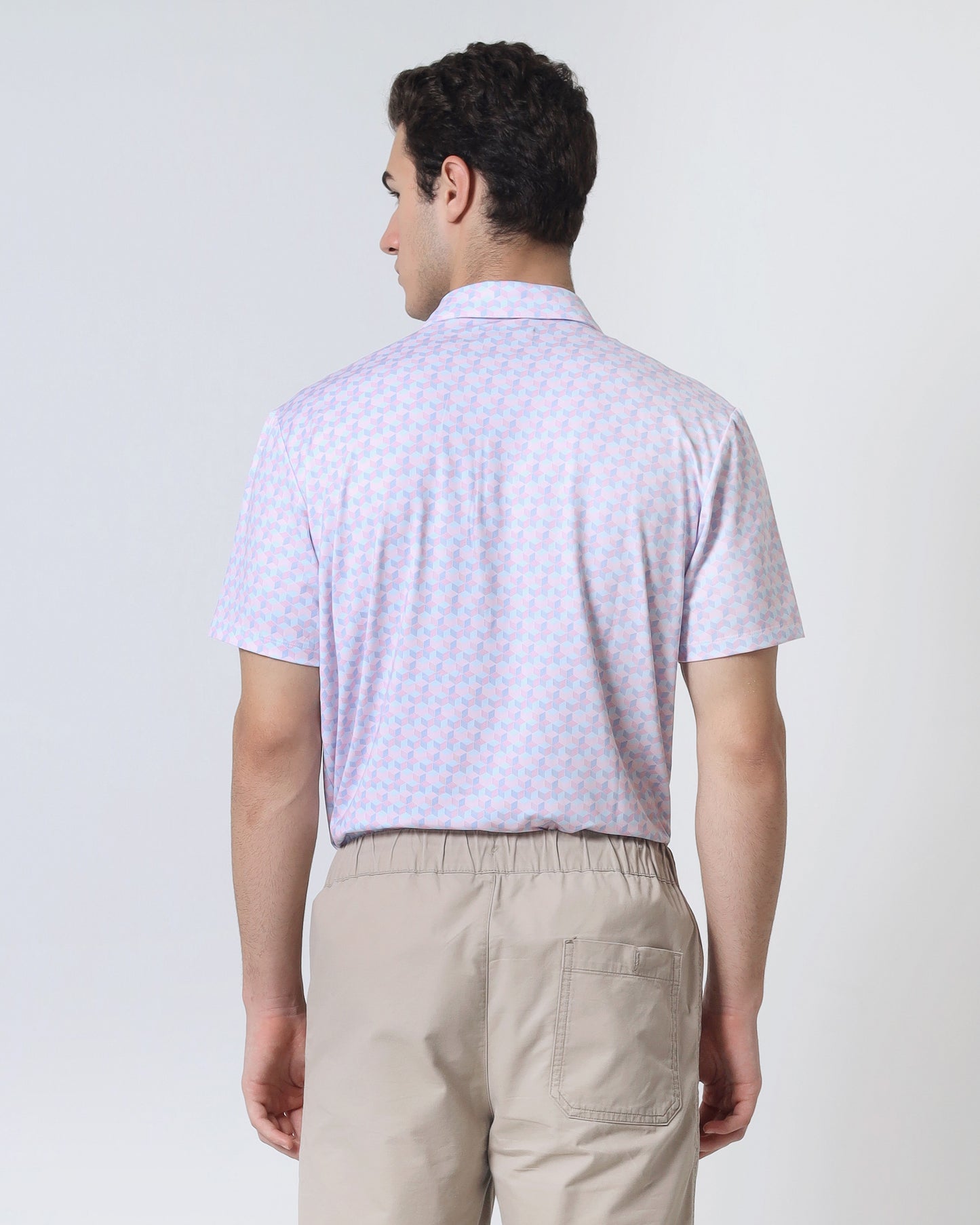 Quieti Performance Regular Fit, Pink Geo Printed Knit, 3 button Short Sleeve Polo