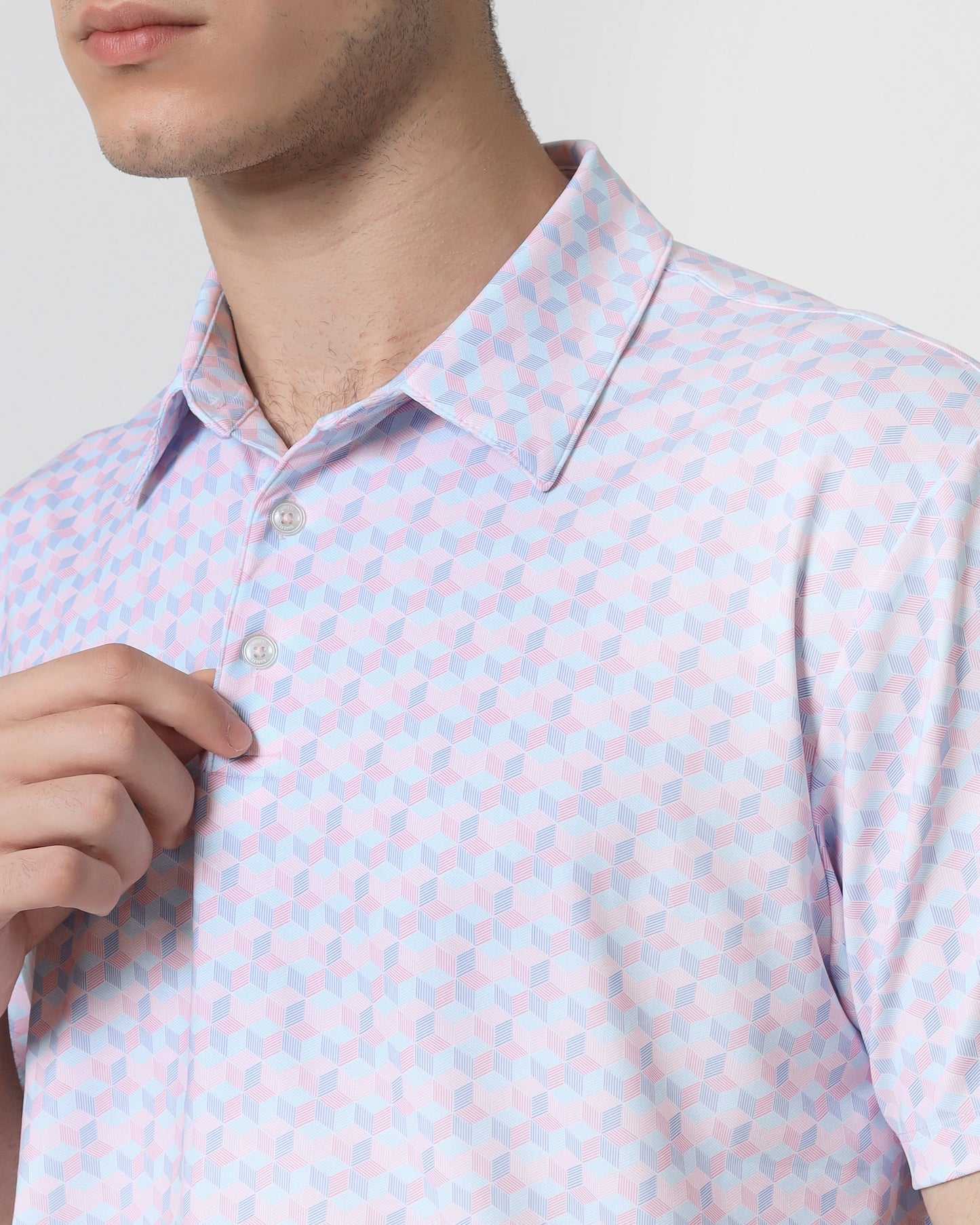 Quieti Performance Regular Fit, Pink Geo Printed Knit, 3 button Short Sleeve Polo