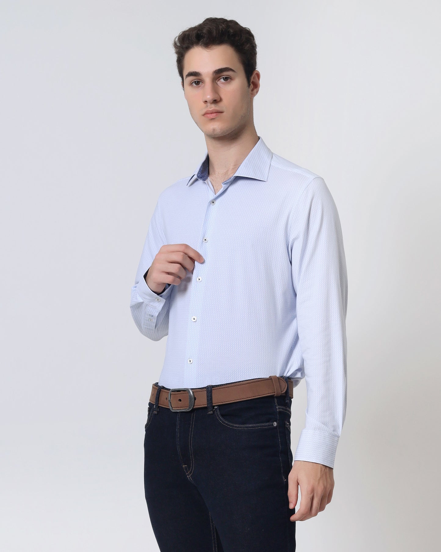 Quieti Modern Fit, Blue Geo Digital Print, Long Sleeve Knit Shirt in Woven style