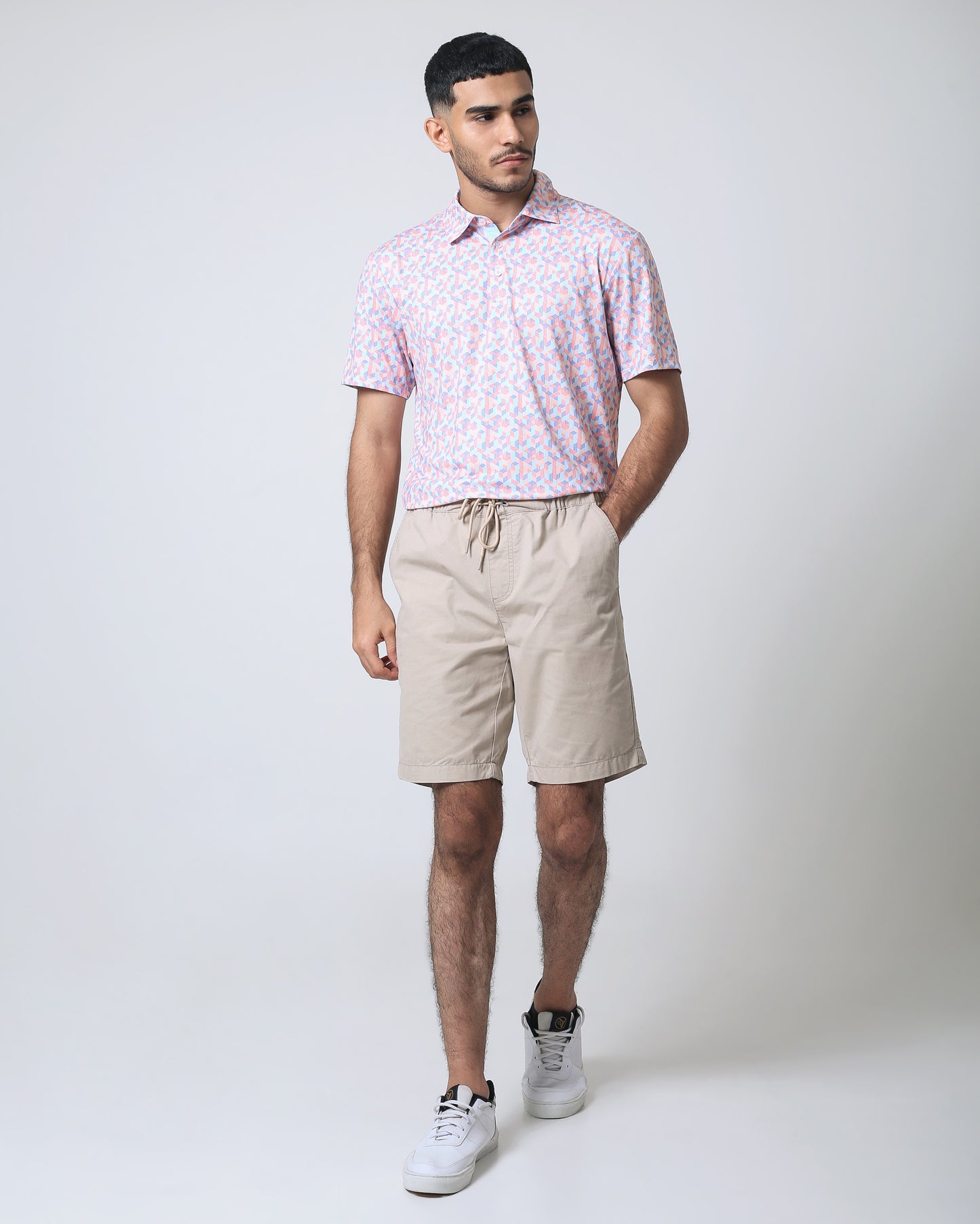 Quieti Performance Regular Fit, Orange Geo Printed Knit, 3 button Short Sleeve Polo
