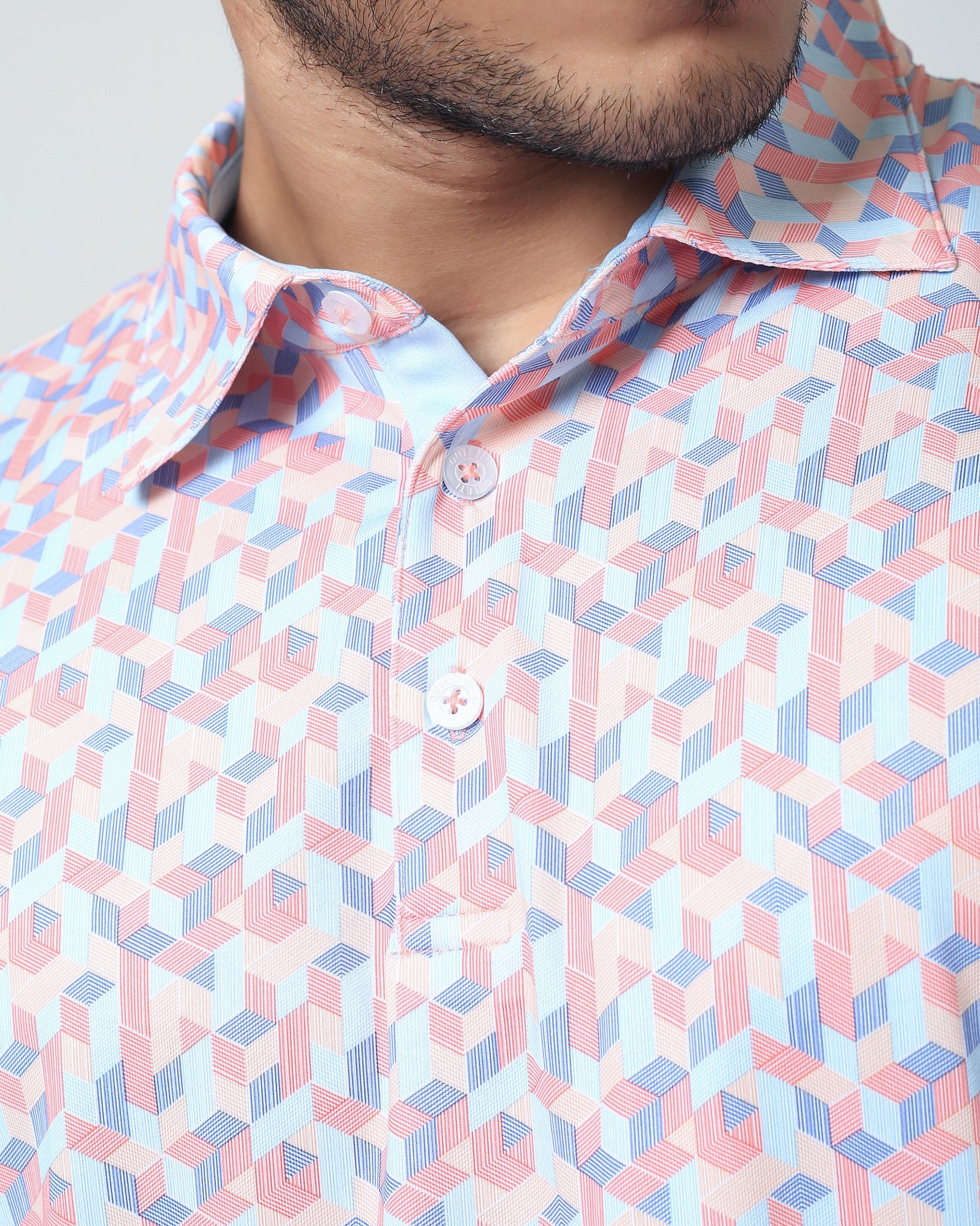 Quieti Performance Regular Fit, Orange Geo Printed Knit, 3 button Short Sleeve Polo