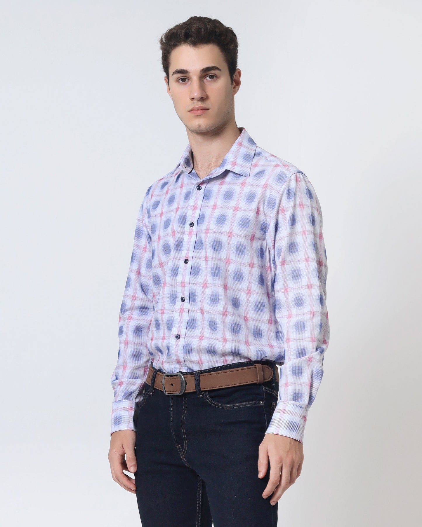 Quieti Modern Fit, Pink YD Jacquard Plaid, Long Sleeve Woven Shirt