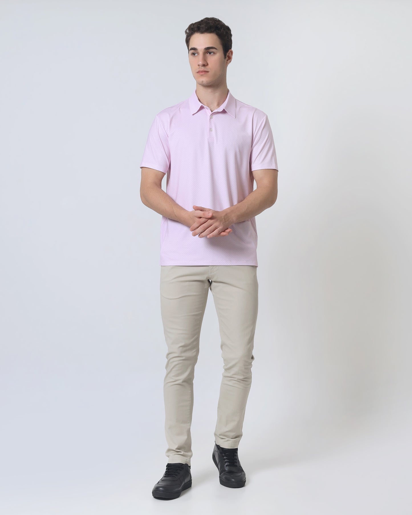 Quieti Performance Regular Fit, small Pink floral Printed Knit, 3 button Short Sleeve Polo