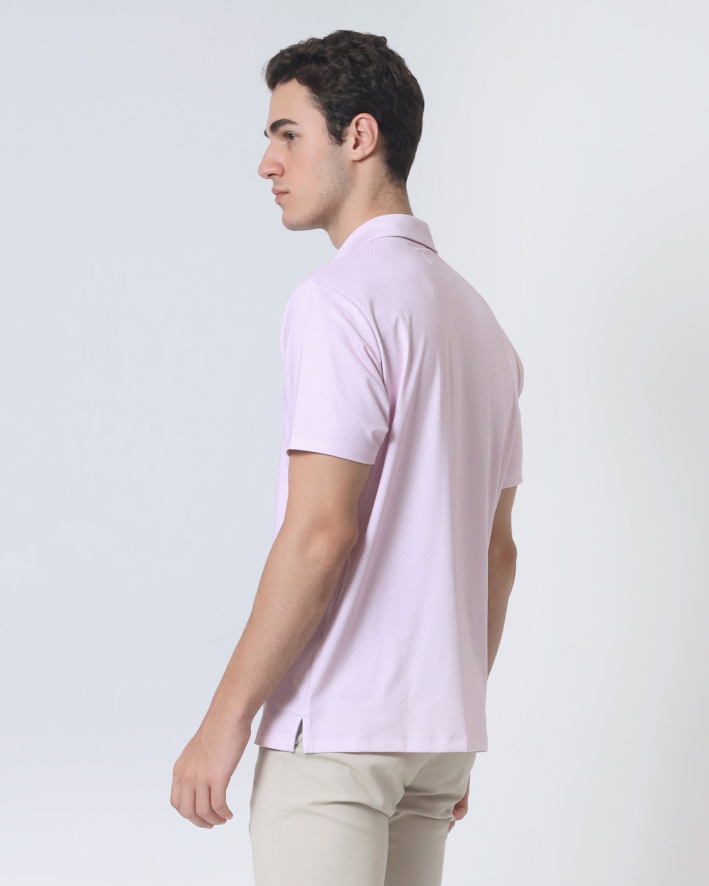 Quieti Performance Regular Fit, small Pink floral Printed Knit, 3 button Short Sleeve Polo