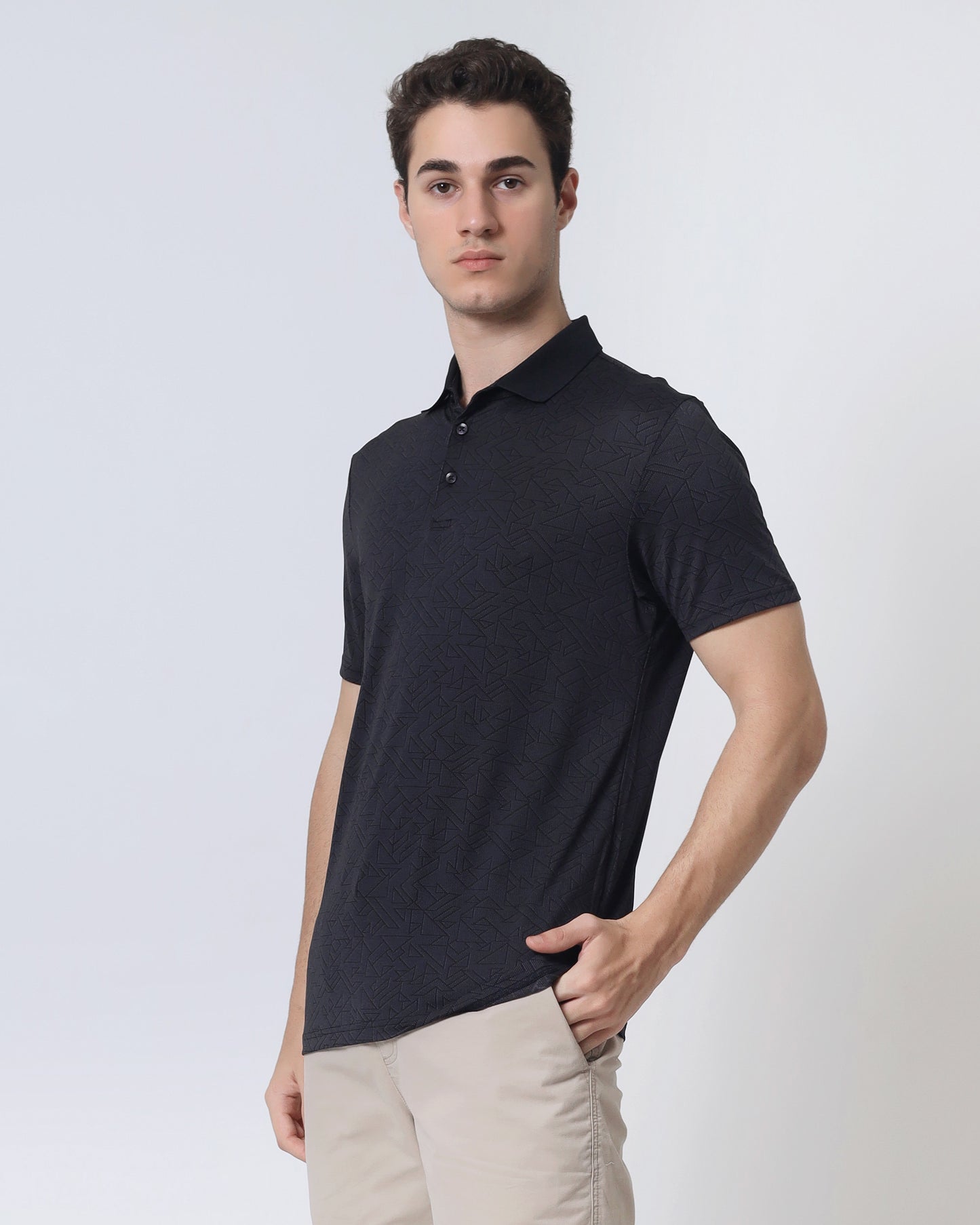 Quieti Performance Regular Fit, Black Geo Jacquard Knit, 3 button Short Sleeve Polo