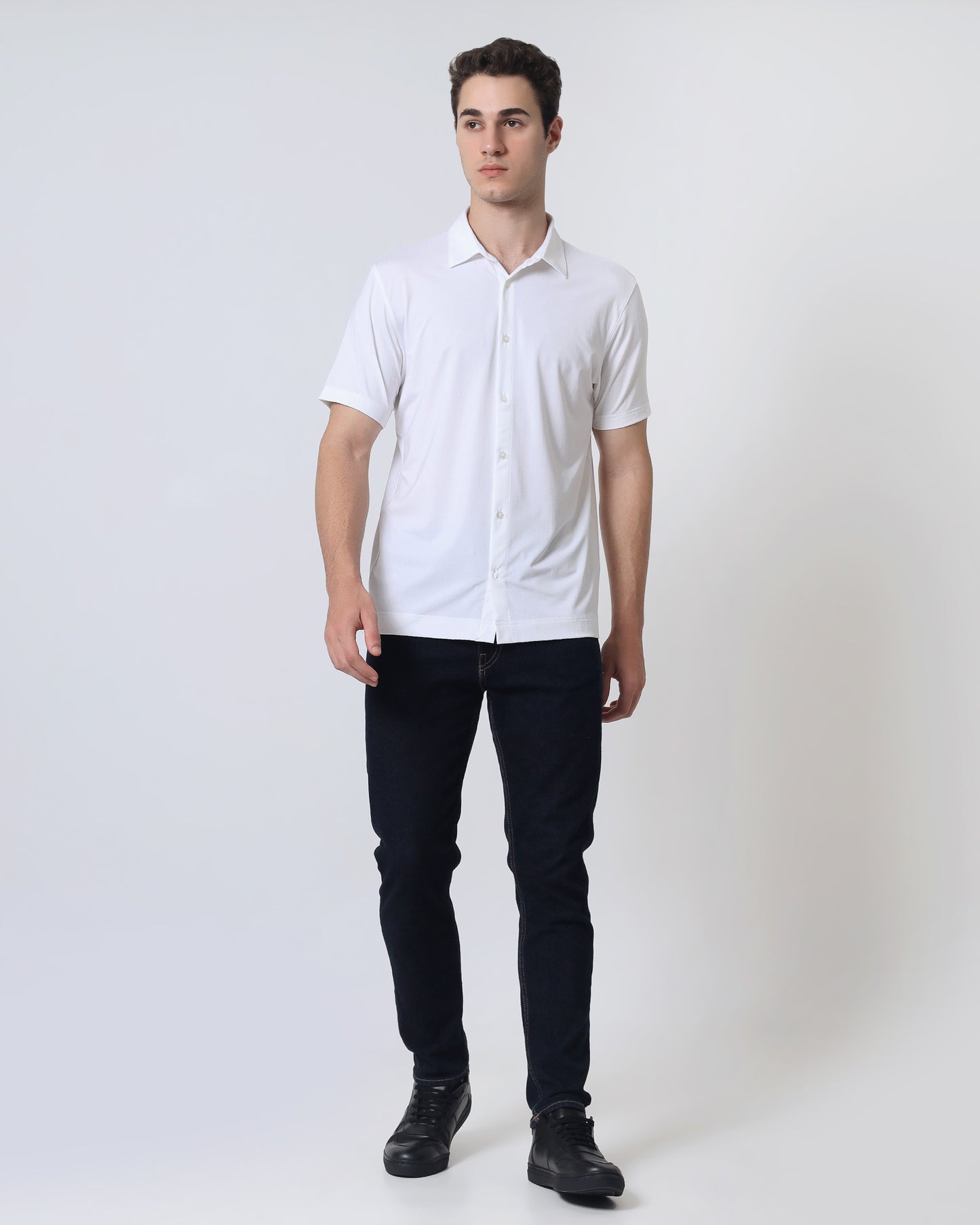 Quieti Performance Regular Fit, White Stripe Textured Jacquard Knit, Short Sleeve Button front Knit in Woven style
