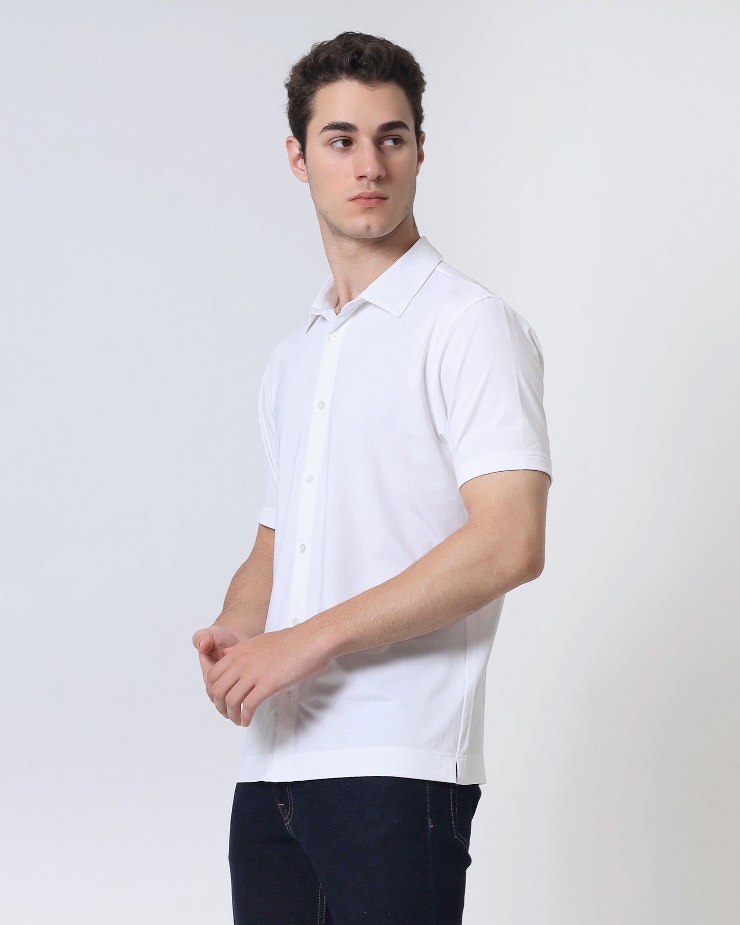 Quieti Performance Regular Fit, White Stripe Textured Jacquard Knit, Short Sleeve Button front Knit in Woven style