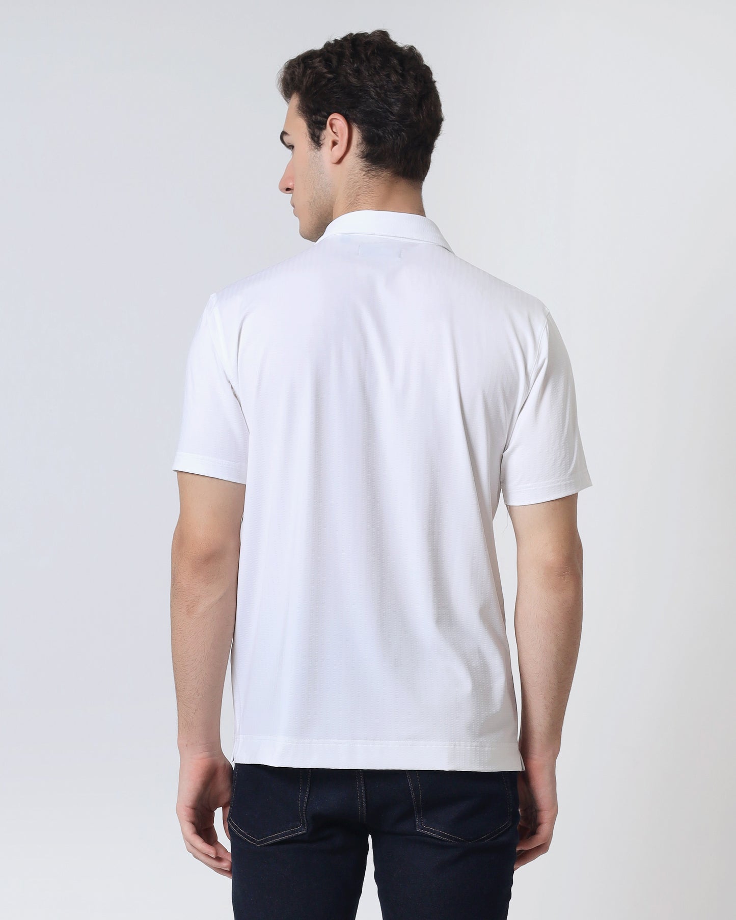 Quieti Performance Regular Fit, White Stripe Textured Jacquard Knit, Short Sleeve Button front Knit in Woven style