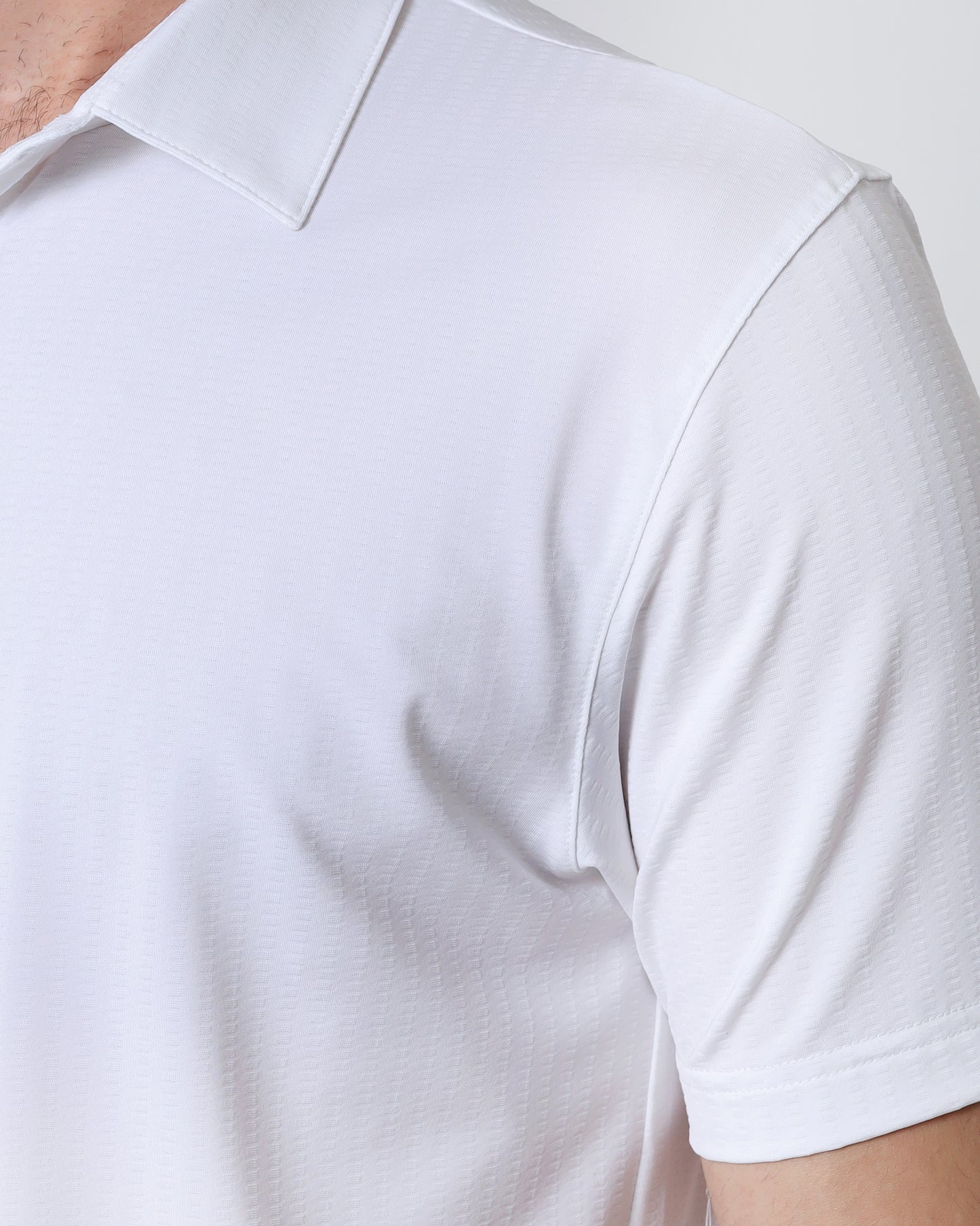 Quieti Performance Regular Fit, White Stripe Textured Jacquard Knit, Short Sleeve Button front Knit in Woven style