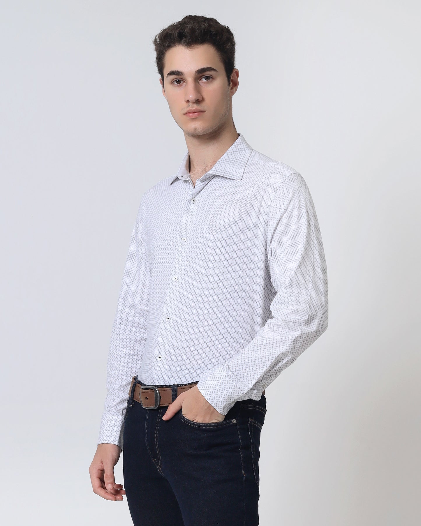Quieti Modern Fit, White Geo Digital Print, Long Sleeve Knit Shirt in Woven style
